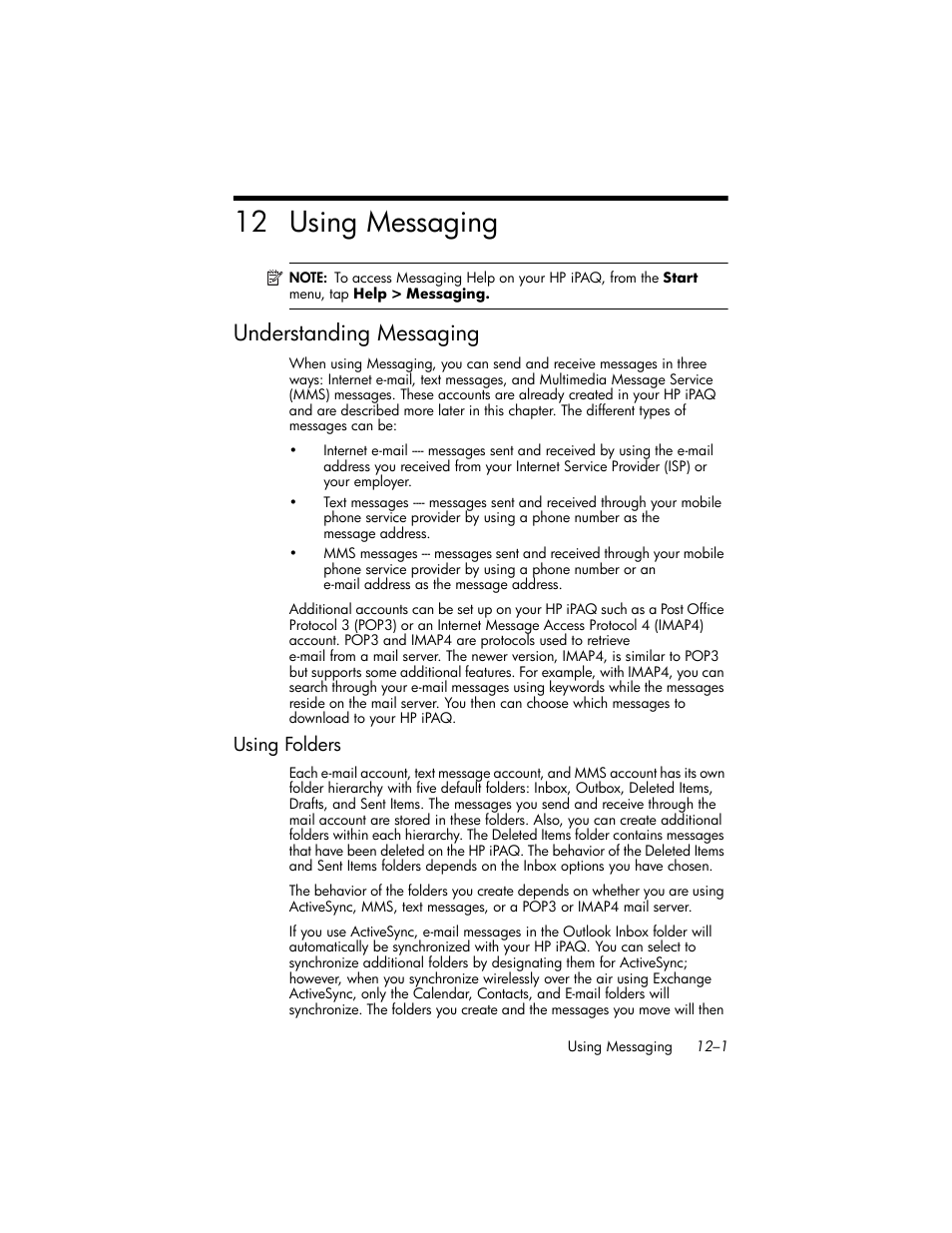 Using messaging, Understanding messaging, Using folders | 12using messaging, Understanding messaging –1, Using folders –1, 12 using messaging | HP iPAQ hw6500 Unlocked Mobile Messenger series User Manual | Page 143 / 192