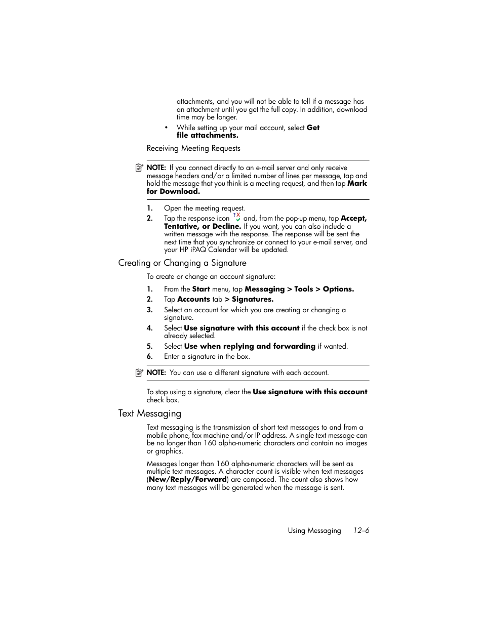 Creating or changing a signature, Text messaging, Text messaging –6 | HP iPAQ hw6500 Unlocked Mobile Messenger series User Manual | Page 148 / 192