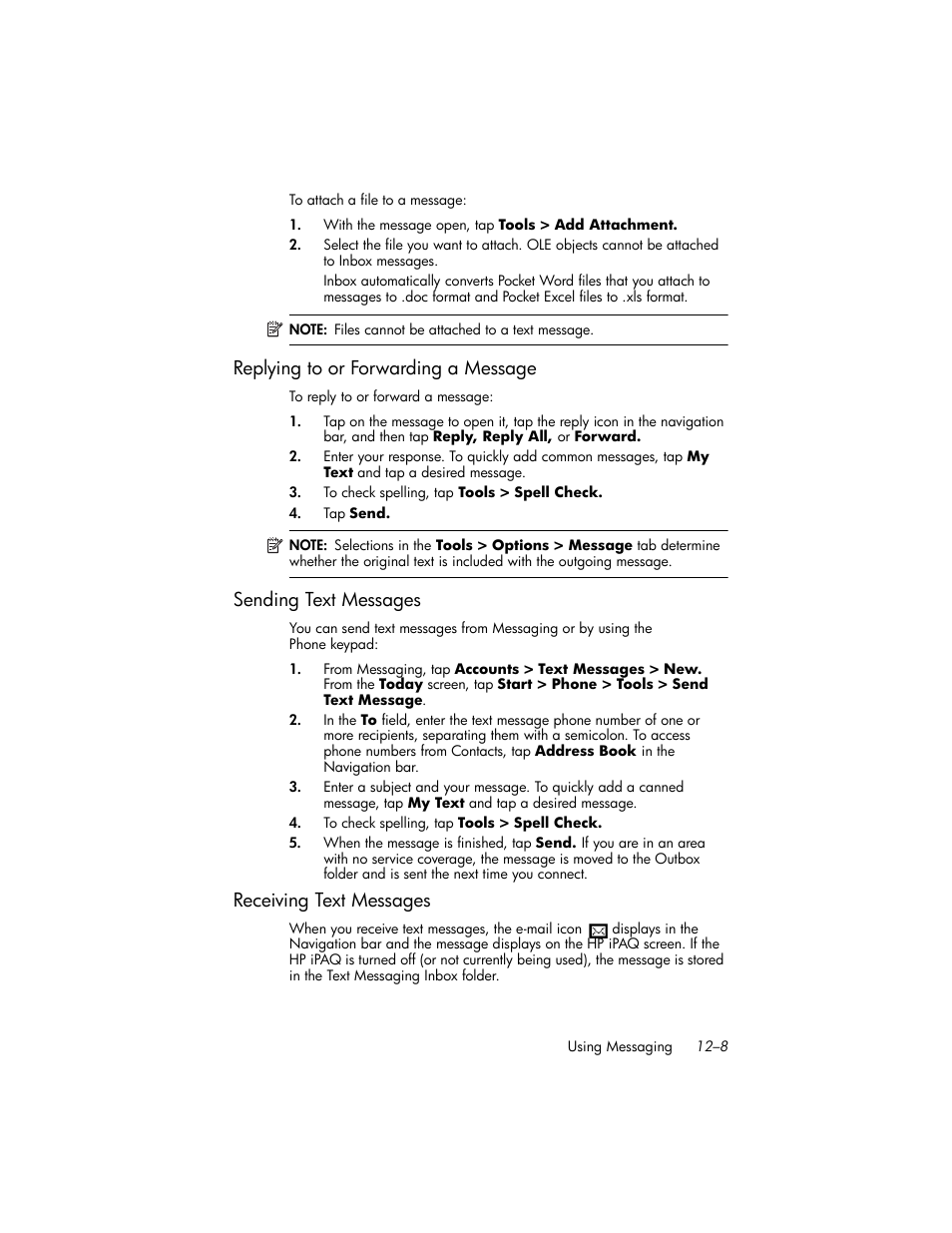 Replying to or forwarding a message, Sending text messages, Receiving text messages | Replying to or forwarding a message –8, Sending text messages –8, Receiving text messages –8 | HP iPAQ hw6500 Unlocked Mobile Messenger series User Manual | Page 150 / 192