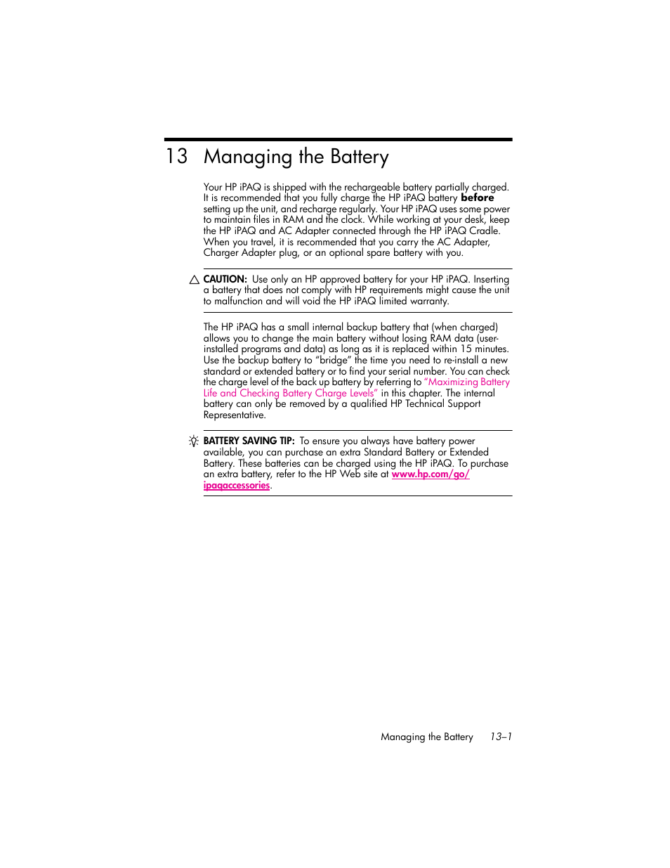 Managing the battery, 13managing the battery, 13 managing the battery | HP iPAQ hw6500 Unlocked Mobile Messenger series User Manual | Page 155 / 192