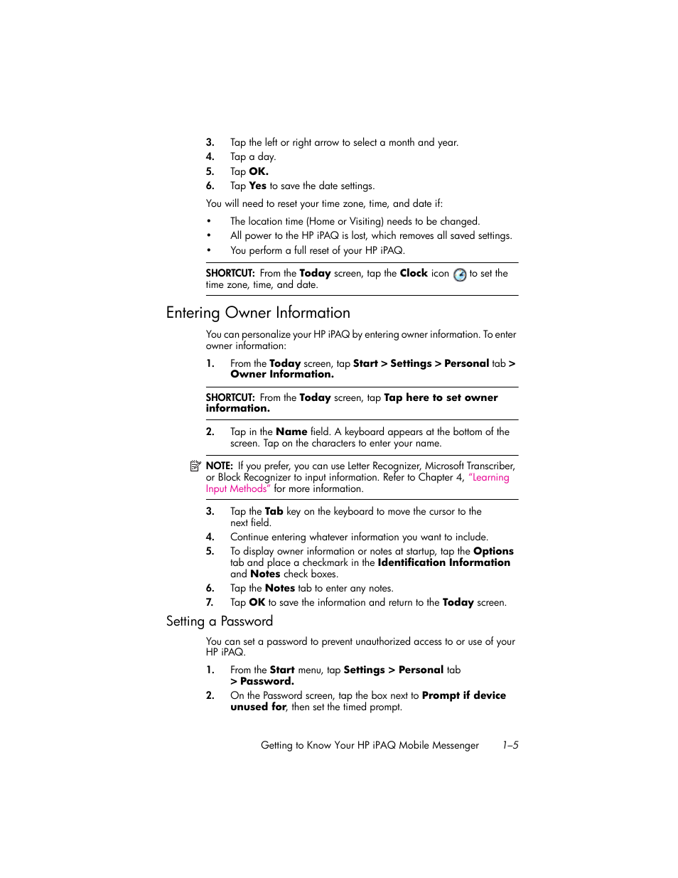Entering owner information, Setting a password, Entering owner information –5 | Setting a password –5 | HP iPAQ hw6500 Unlocked Mobile Messenger series User Manual | Page 16 / 192