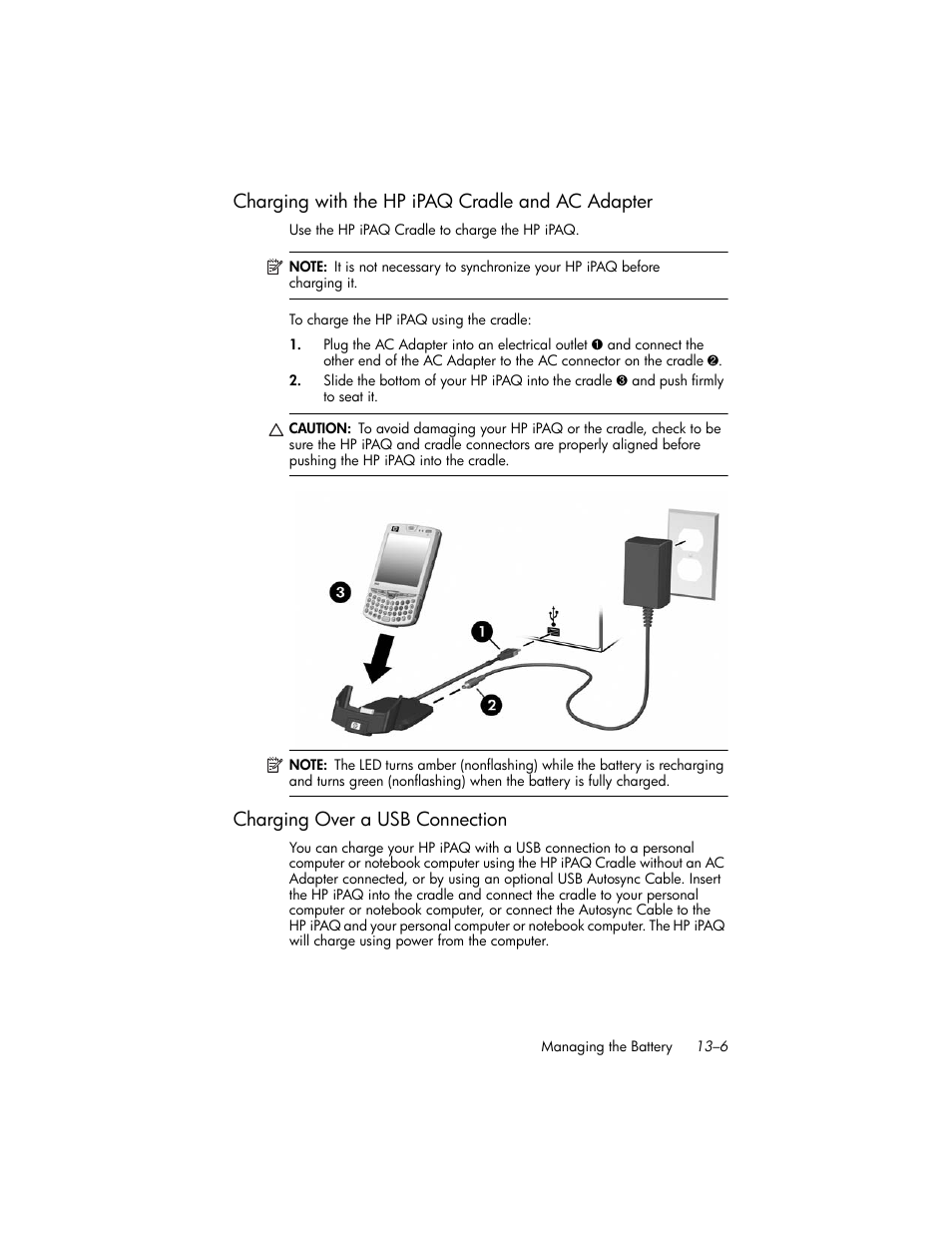 Charging with the hp ipaq cradle and ac adapter, Charging over a usb connection, Charging with the hp ipaq cradle and ac adapter –6 | Charging over a usb connection –6 | HP iPAQ hw6500 Unlocked Mobile Messenger series User Manual | Page 160 / 192