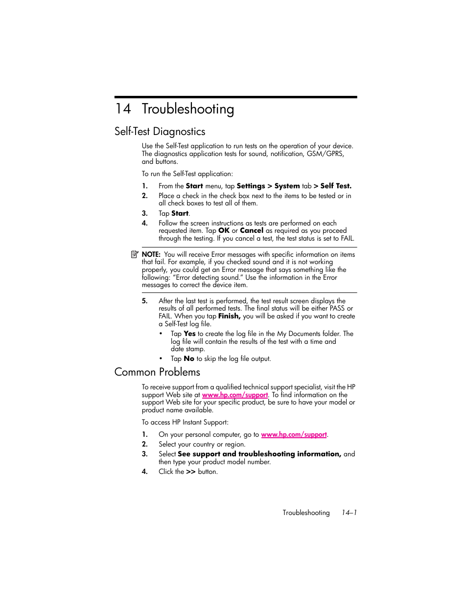 Troubleshooting, Self-test diagnostics, Common problems | 14troubleshooting, Self-test diagnostics –1, Common problems –1, 14 troubleshooting | HP iPAQ hw6500 Unlocked Mobile Messenger series User Manual | Page 165 / 192