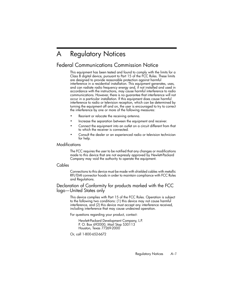 Regulatory notices, Federal communications commission notice, Modifications | Cables, A regulatory notices | HP iPAQ hw6500 Unlocked Mobile Messenger series User Manual | Page 175 / 192