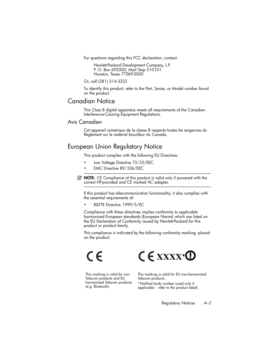 Canadian notice, Avis canadien, European union regulatory notice | HP iPAQ hw6500 Unlocked Mobile Messenger series User Manual | Page 176 / 192