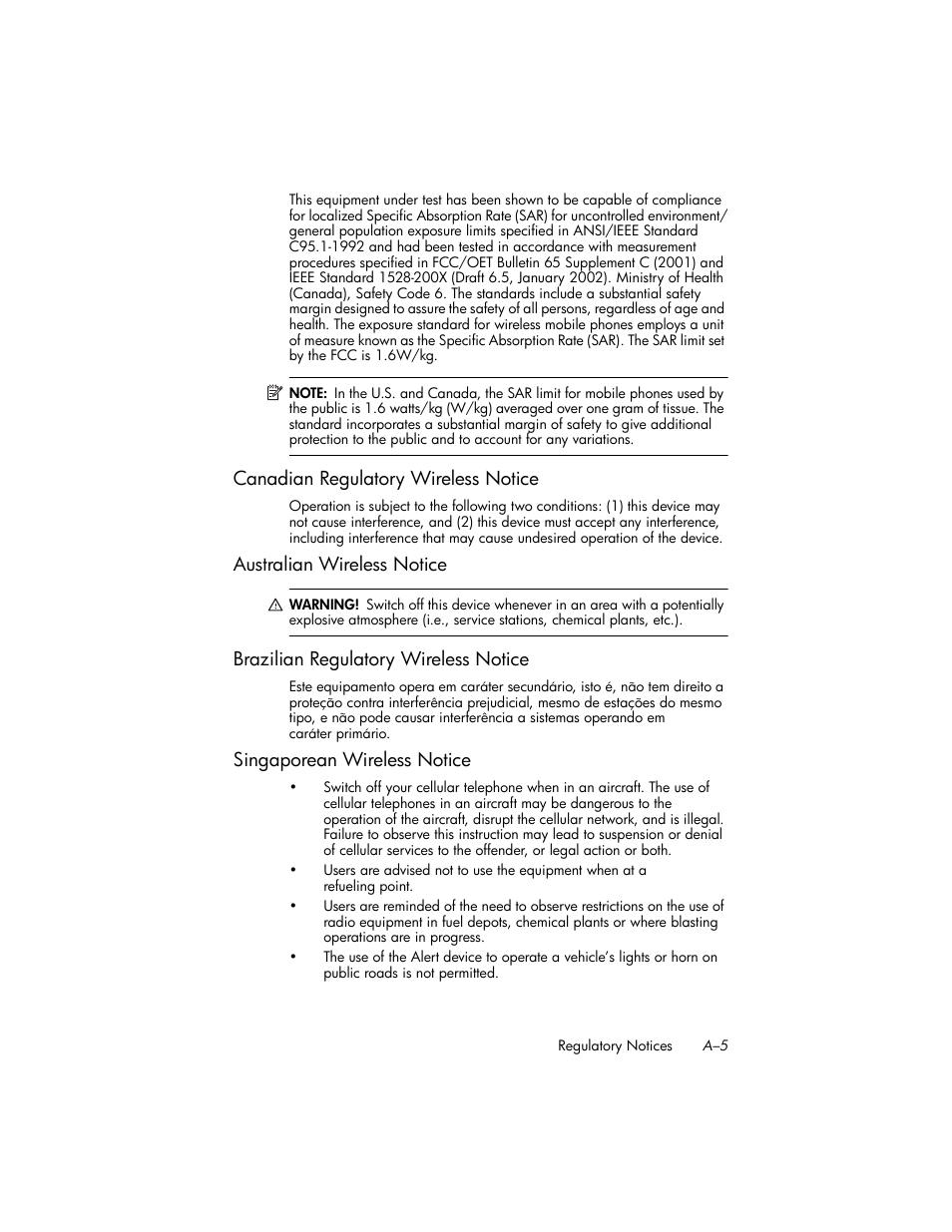 Canadian regulatory wireless notice, Australian wireless notice, Brazilian regulatory wireless notice | Singaporean wireless notice | HP iPAQ hw6500 Unlocked Mobile Messenger series User Manual | Page 179 / 192