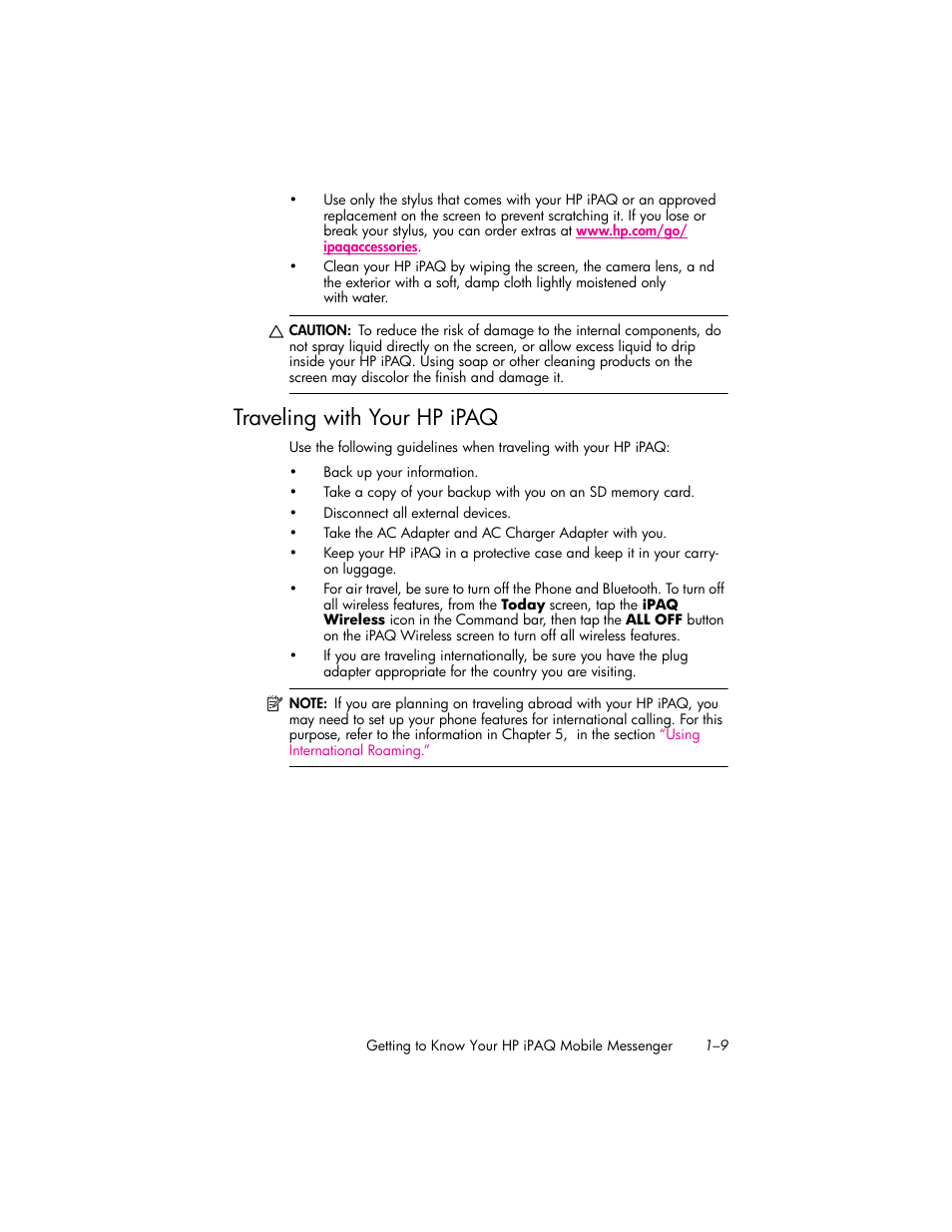 Traveling with your hp ipaq, Traveling with your hp ipaq –9 | HP iPAQ hw6500 Unlocked Mobile Messenger series User Manual | Page 20 / 192