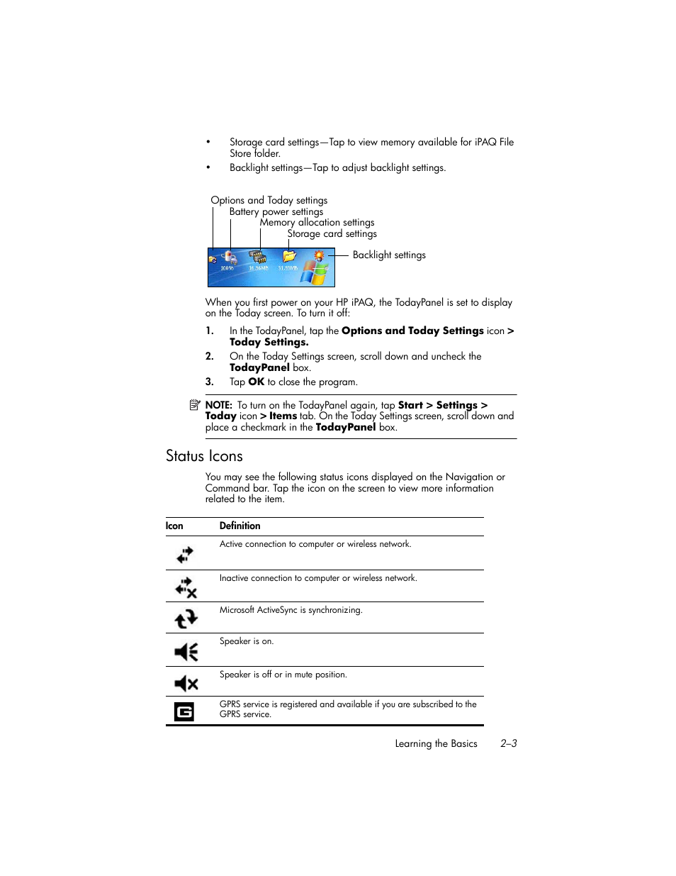 Status icons, Status icons –3 | HP iPAQ hw6500 Unlocked Mobile Messenger series User Manual | Page 23 / 192