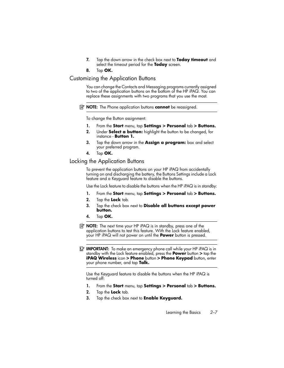 Customizing the application buttons, Locking the application buttons, Customizing the application buttons –7 | Locking the application buttons –7 | HP iPAQ hw6500 Unlocked Mobile Messenger series User Manual | Page 27 / 192
