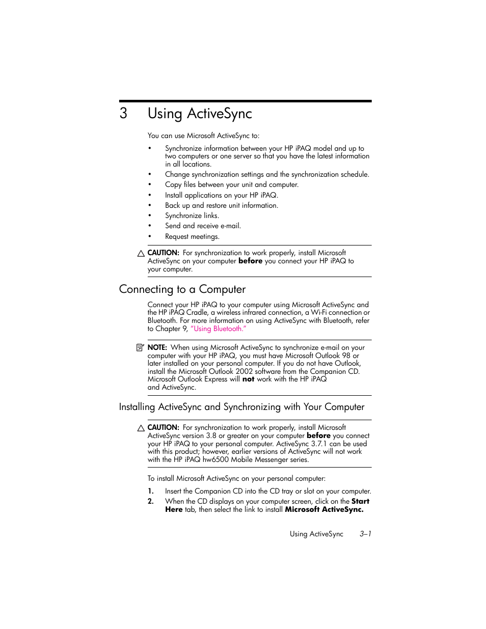 Using activesync, Connecting to a computer, 3 using activesync | Connecting to a computer –1, 3using activesync | HP iPAQ hw6500 Unlocked Mobile Messenger series User Manual | Page 31 / 192