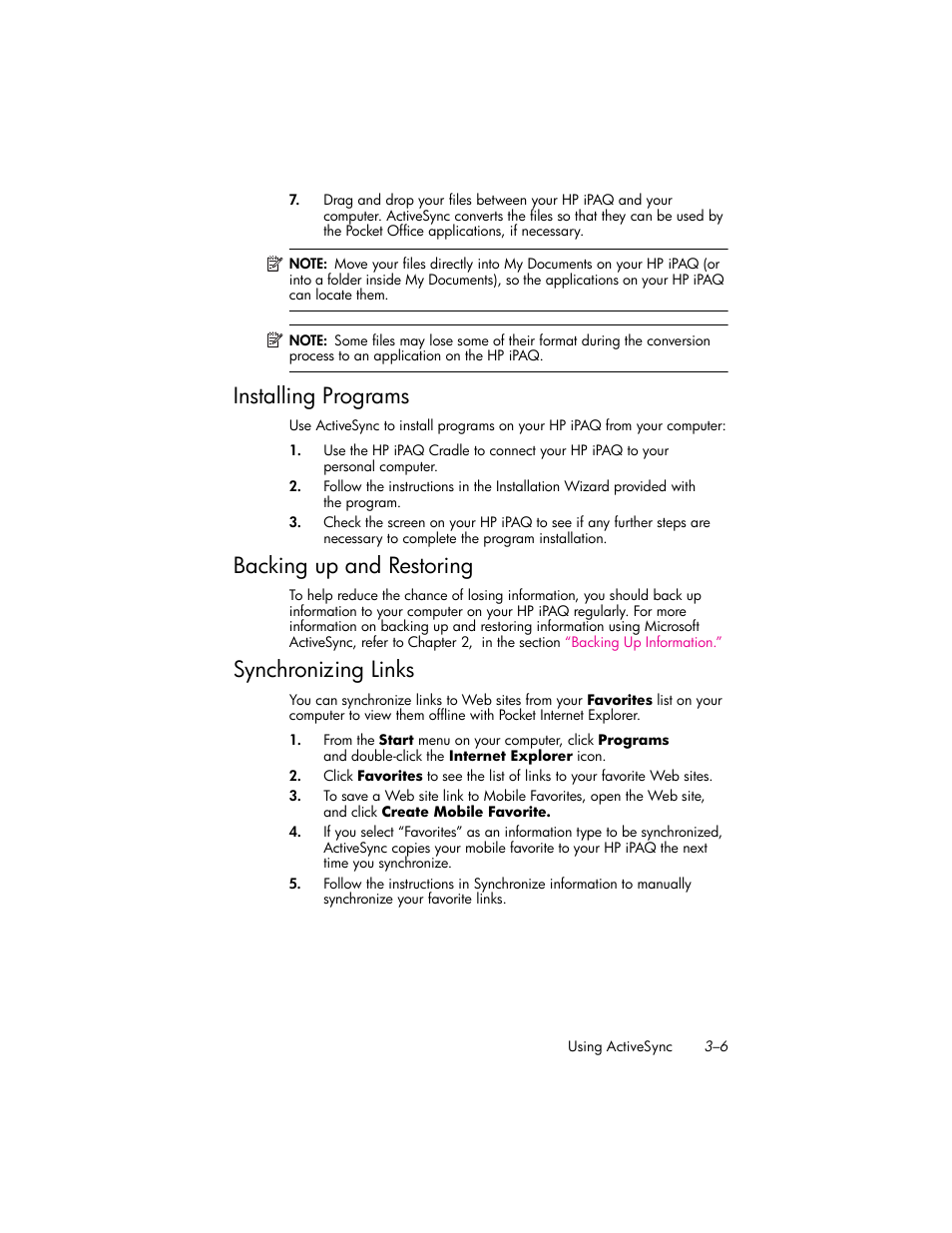 Installing programs, Backing up and restoring, Synchronizing links | Installing programs –6, Backing up and restoring –6, Synchronizing links –6 | HP iPAQ hw6500 Unlocked Mobile Messenger series User Manual | Page 36 / 192