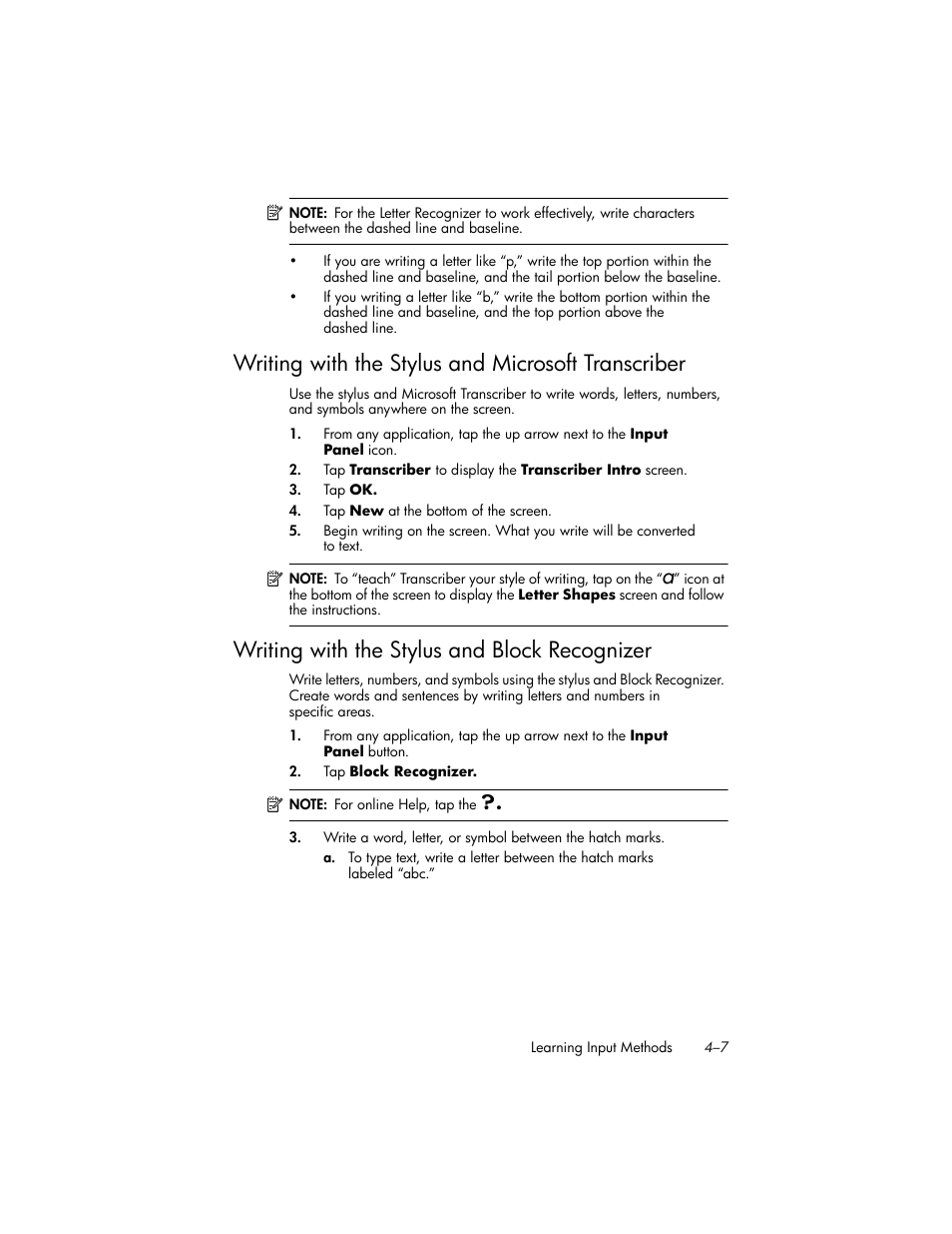 Writing with the stylus and microsoft transcriber, Writing with the stylus and block recognizer, Writing with the stylus and block recognizer –7 | HP iPAQ hw6500 Unlocked Mobile Messenger series User Manual | Page 44 / 192