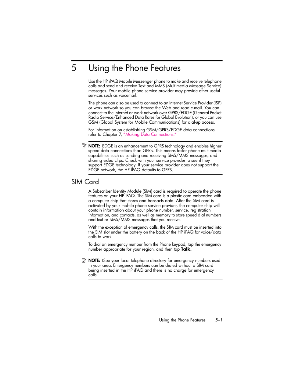 Using the phone features, Sim card, 5 using the phone features | Sim card –1, 5using the phone features | HP iPAQ hw6500 Unlocked Mobile Messenger series User Manual | Page 48 / 192