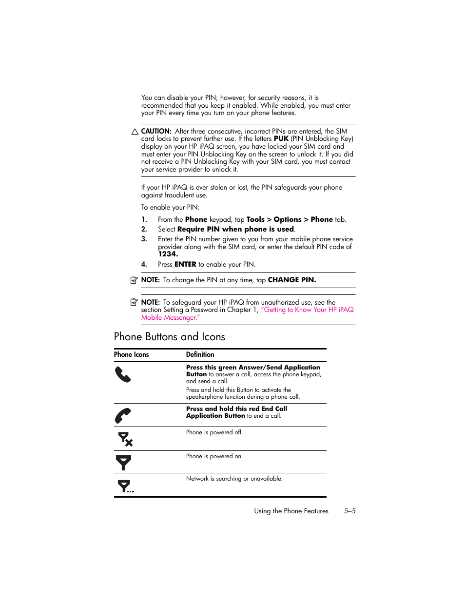 Phone buttons and icons, Phone buttons and icons –5 | HP iPAQ hw6500 Unlocked Mobile Messenger series User Manual | Page 52 / 192