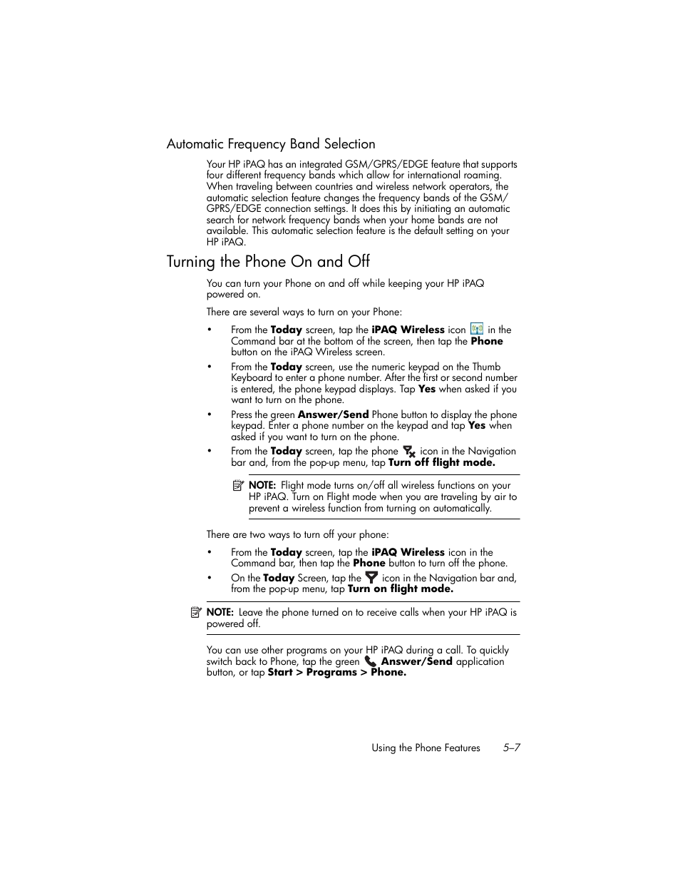 Automatic frequency band selection, Turning the phone on and off, Automatic frequency band selection –7 | Turning the phone on and off –7 | HP iPAQ hw6500 Unlocked Mobile Messenger series User Manual | Page 54 / 192