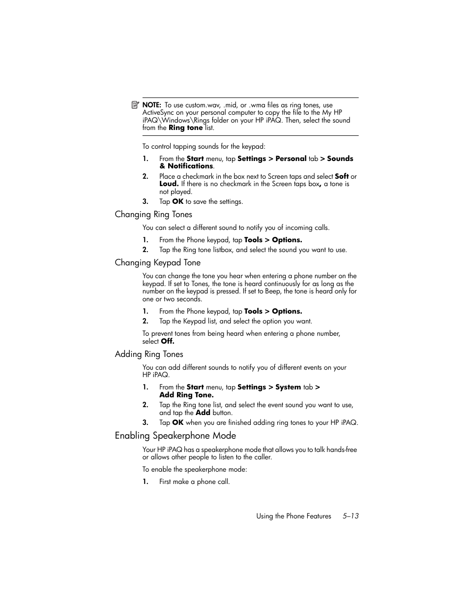 Changing ring tones, Changing keypad tone, Adding ring tones | Enabling speakerphone mode, Enabling speakerphone mode –13 | HP iPAQ hw6500 Unlocked Mobile Messenger series User Manual | Page 60 / 192