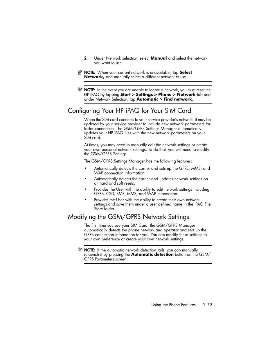 Configuring your hp ipaq for your sim card, Modifying the gsm/gprs network settings, Configuring your hp ipaq for your sim card –19 | Modifying the gsm/gprs network settings –19 | HP iPAQ hw6500 Unlocked Mobile Messenger series User Manual | Page 66 / 192