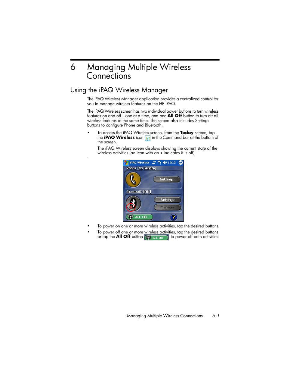 Managing multiple wireless connections, Using the ipaq wireless manager, 6 managing multiple wireless connections | Using the ipaq wireless manager –1, 6managing multiple wireless connections | HP iPAQ hw6500 Unlocked Mobile Messenger series User Manual | Page 73 / 192