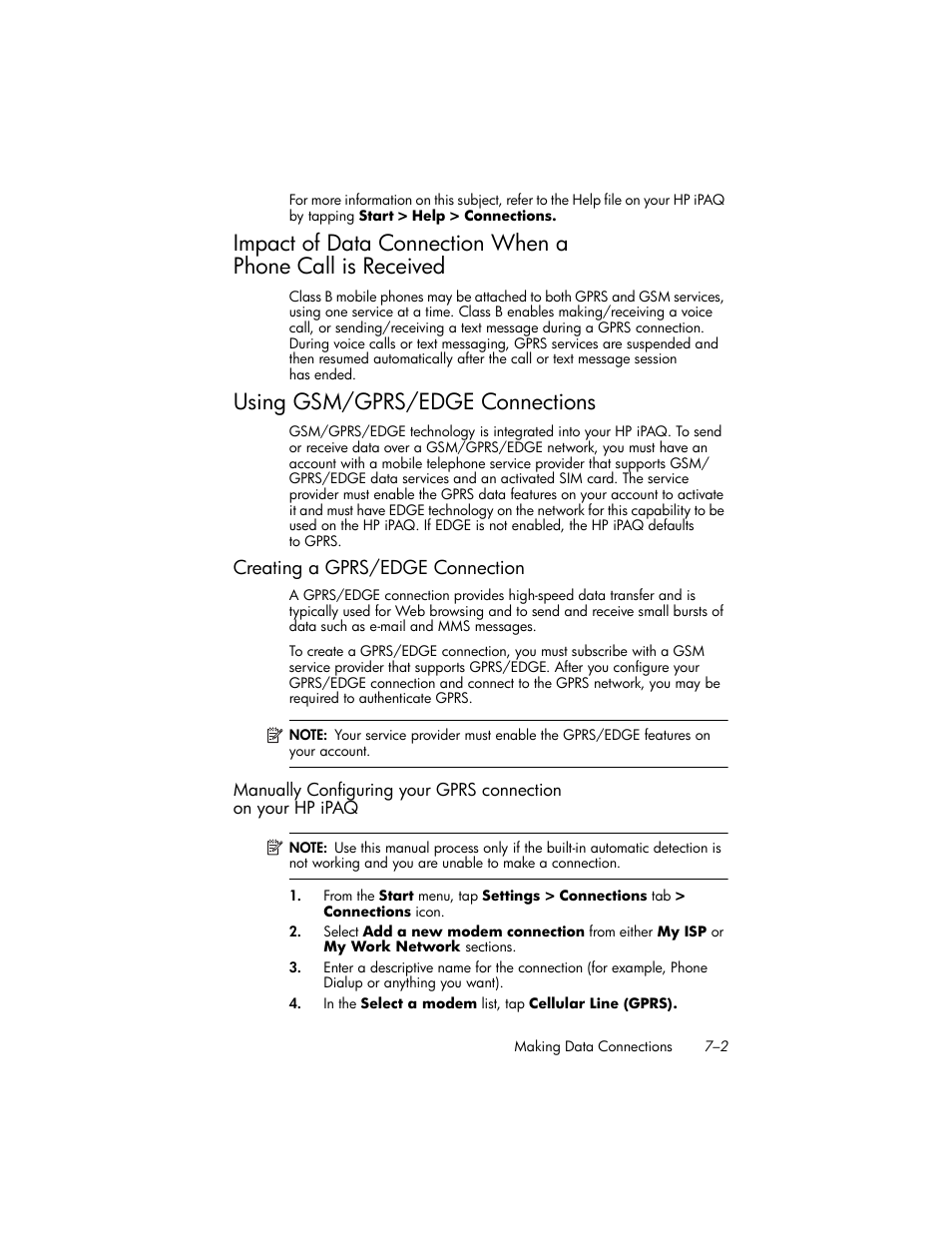 Using gsm/gprs/edge connections, Creating a gprs/edge connection, Impact of data connection when a | Phone call is received –2, Using gsm/gprs/edge connections –2, Creating a gprs/edge connection –2 | HP iPAQ hw6500 Unlocked Mobile Messenger series User Manual | Page 77 / 192