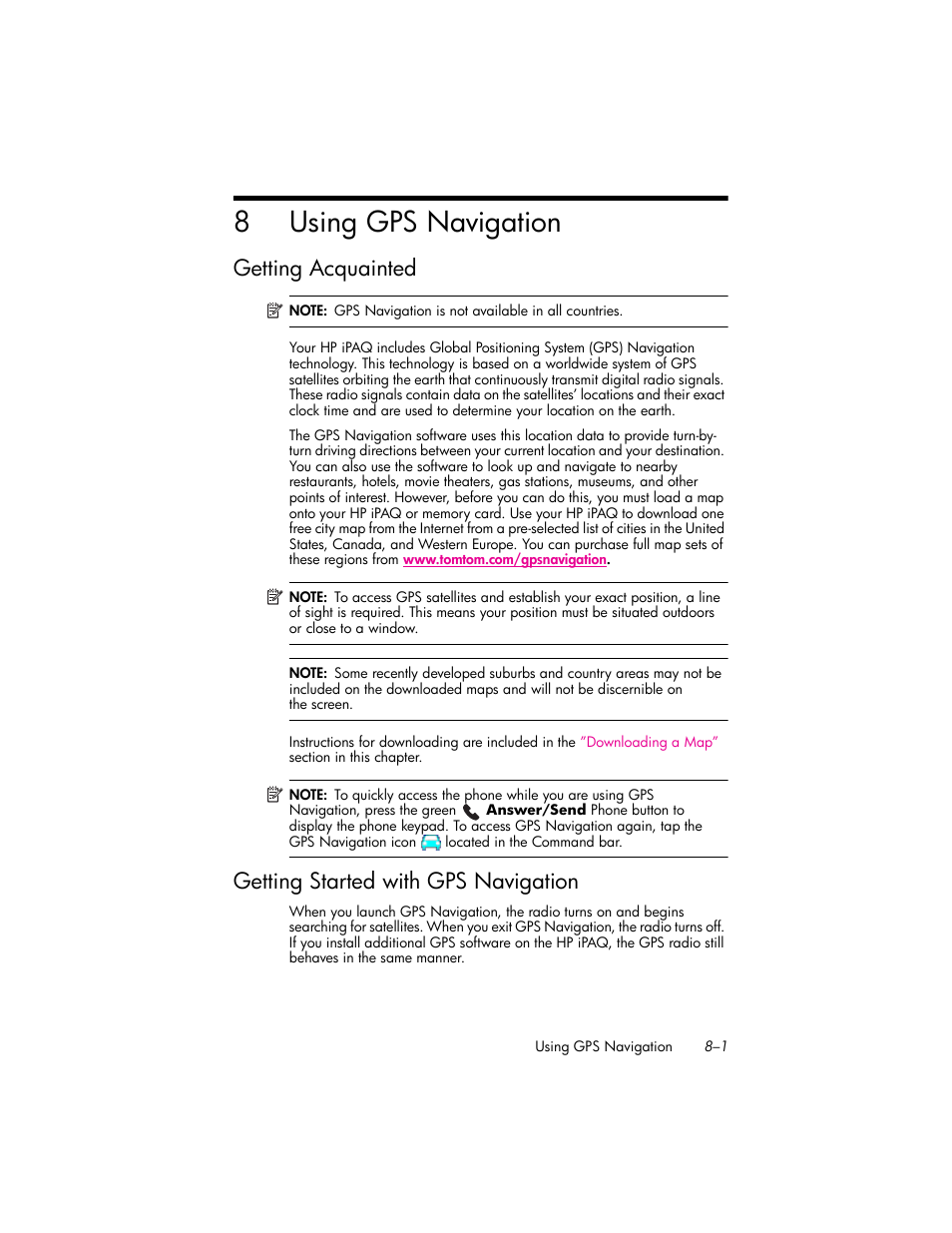 Using gps navigation, Getting acquainted, Getting started with gps navigation | 8 using gps navigation, Getting acquainted –1, Getting started with gps navigation –1, 8using gps navigation | HP iPAQ hw6500 Unlocked Mobile Messenger series User Manual | Page 82 / 192
