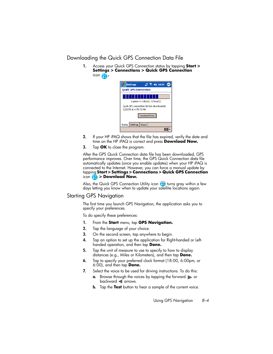 Downloading the quick gps connection data file, Starting gps navigation, Downloading the quick gps connection data file –4 | Starting gps navigation –4 | HP iPAQ hw6500 Unlocked Mobile Messenger series User Manual | Page 85 / 192