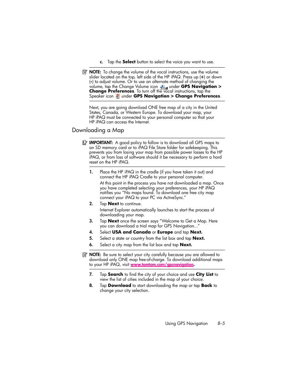 Downloading a map, Downloading a map –5 | HP iPAQ hw6500 Unlocked Mobile Messenger series User Manual | Page 86 / 192