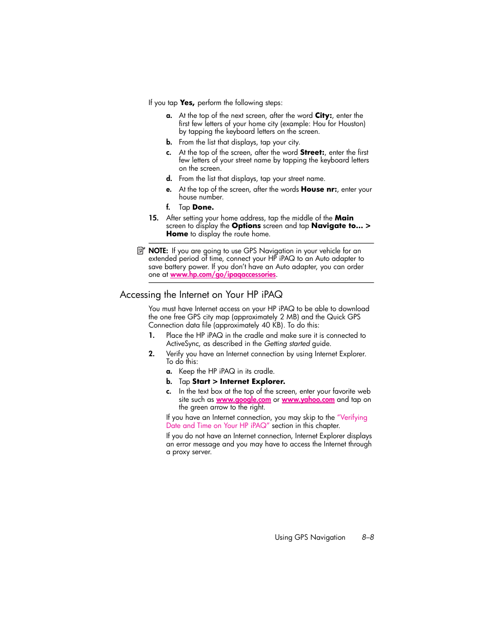 Accessing the internet on your hp ipaq, Accessing the internet on your hp ipaq –8 | HP iPAQ hw6500 Unlocked Mobile Messenger series User Manual | Page 89 / 192