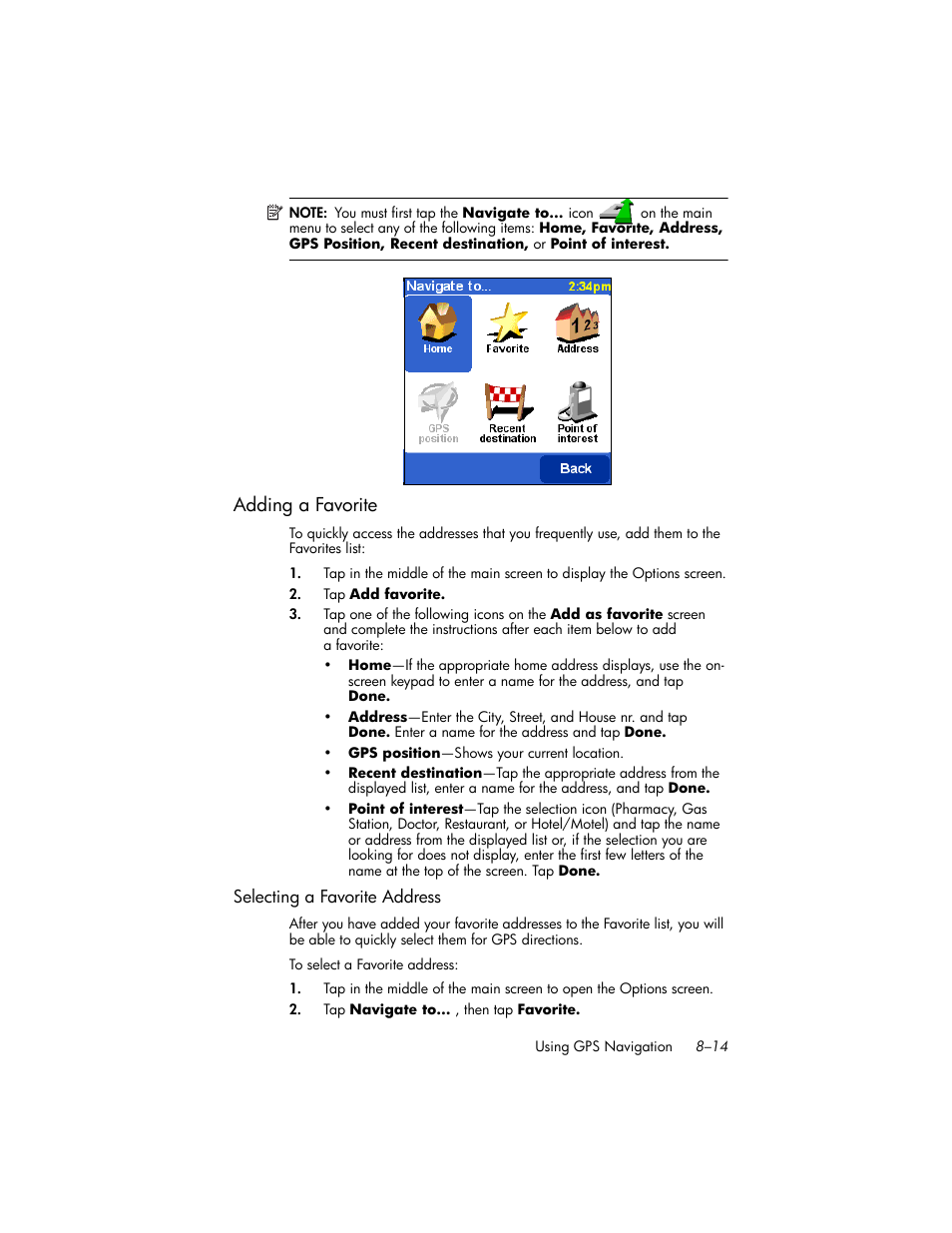 Adding a favorite, Selecting a favorite address, Adding a favorite –14 | HP iPAQ hw6500 Unlocked Mobile Messenger series User Manual | Page 95 / 192