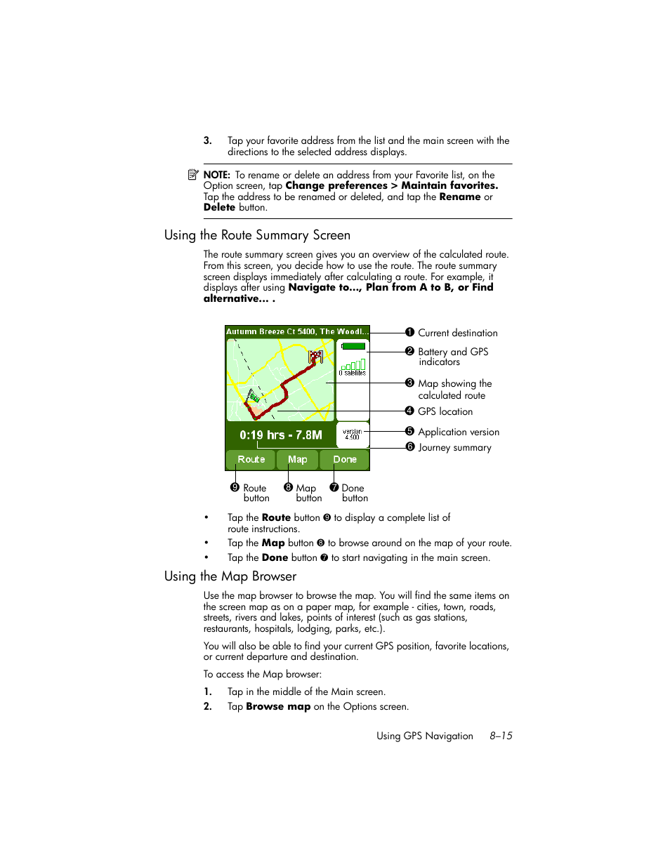 Using the route summary screen, Using the map browser, Using the route summary screen –15 | Using the map browser –15 | HP iPAQ hw6500 Unlocked Mobile Messenger series User Manual | Page 96 / 192