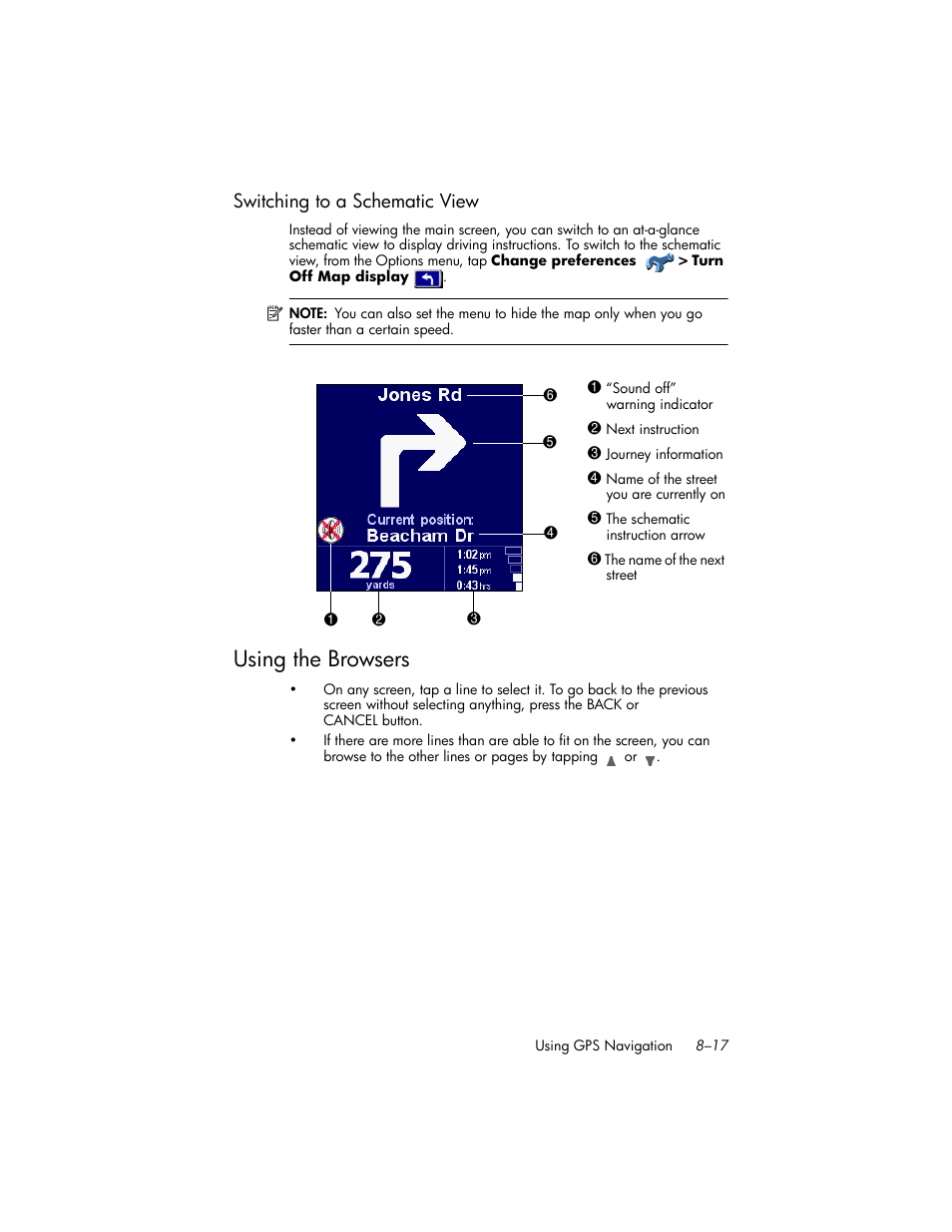 Switching to a schematic view, Using the browsers, Switching to a schematic view –17 | Using the browsers –17 | HP iPAQ hw6500 Unlocked Mobile Messenger series User Manual | Page 98 / 192