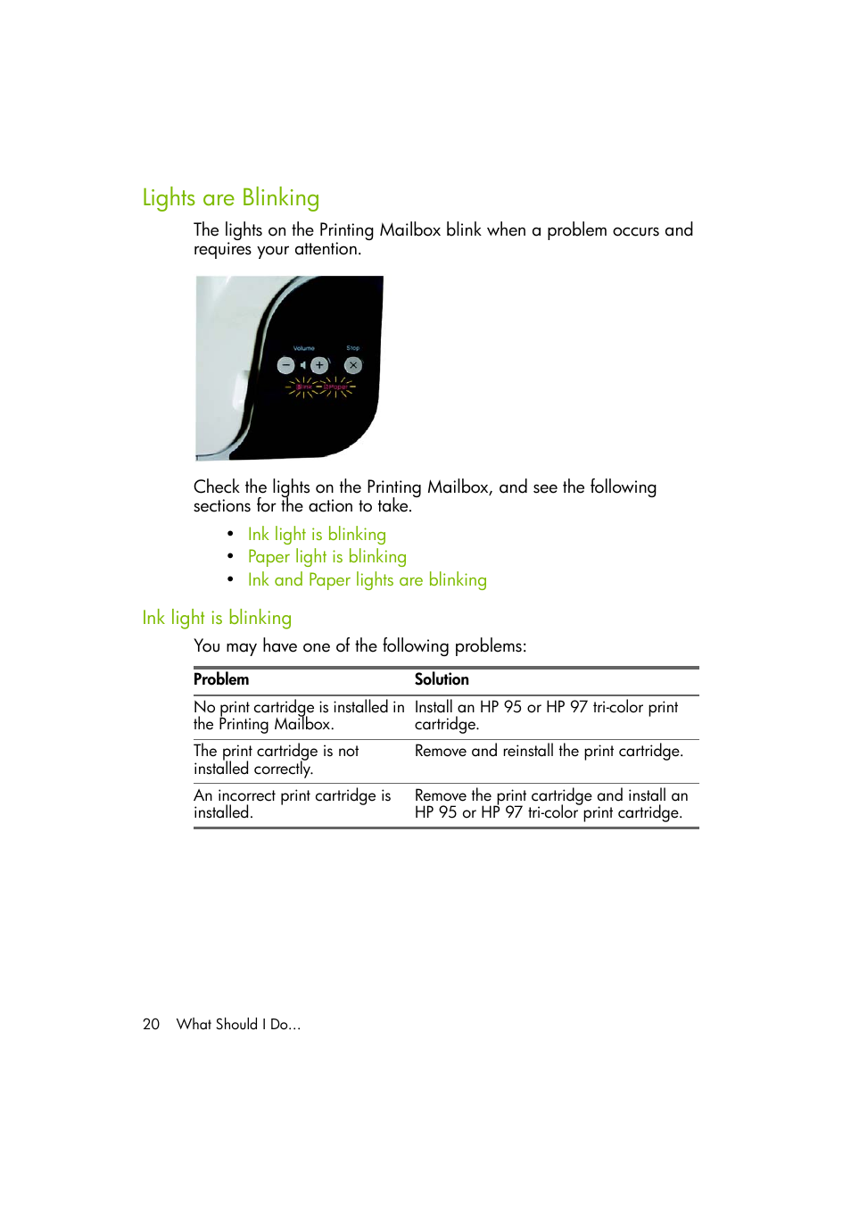 Lights are blinking, Ink light is blinking | HP A10 Printing Mailbox User Manual | Page 20 / 30