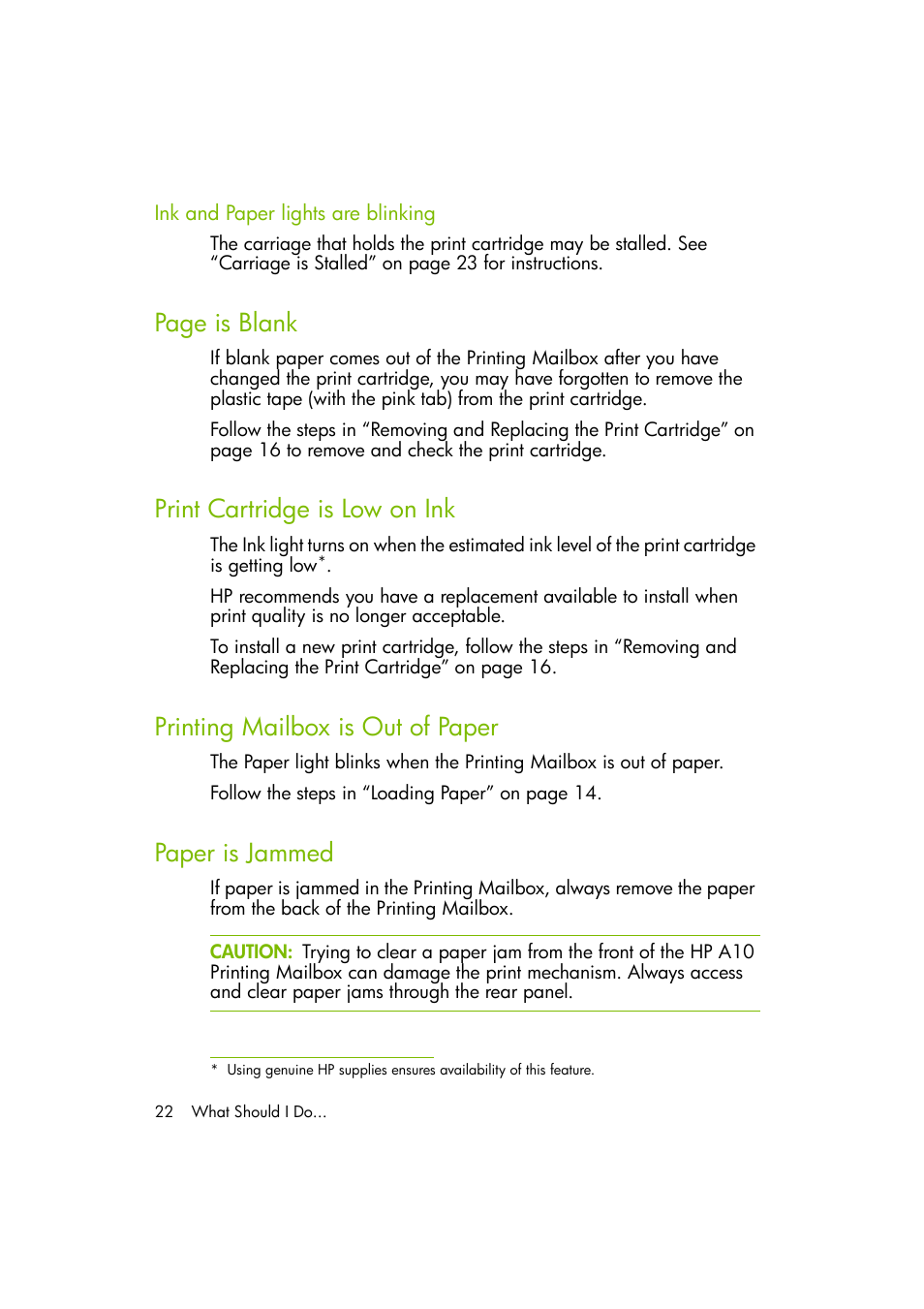 Ink and paper lights are blinking, Print cartridge is low on ink, Printing mailbox is out of paper | Paper is jammed, Page is blank | HP A10 Printing Mailbox User Manual | Page 22 / 30