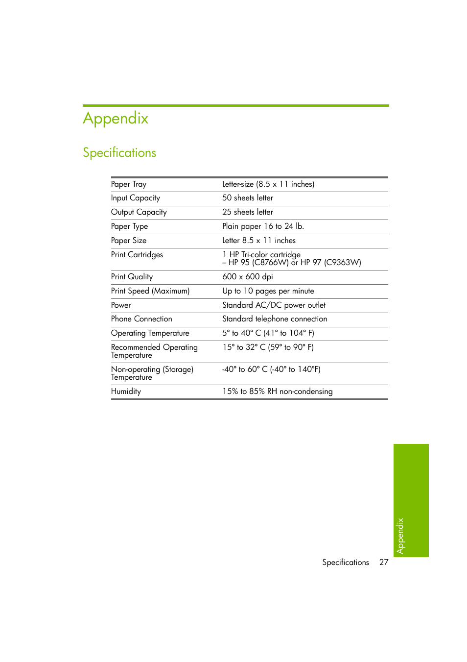Appendix, Specifications | HP A10 Printing Mailbox User Manual | Page 27 / 30