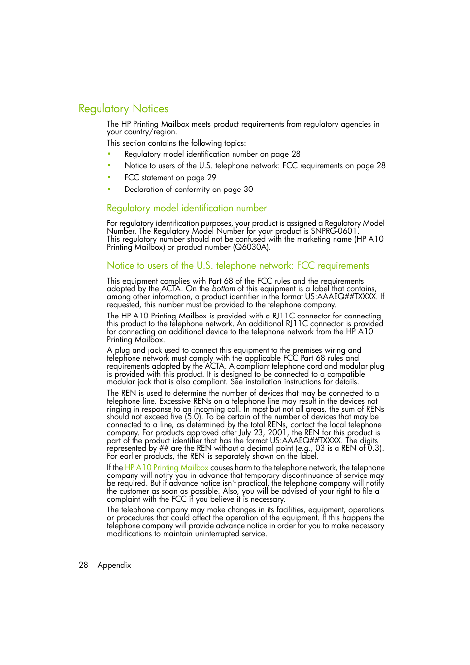 Regulatory notices, Regulatory model identification number | HP A10 Printing Mailbox User Manual | Page 28 / 30