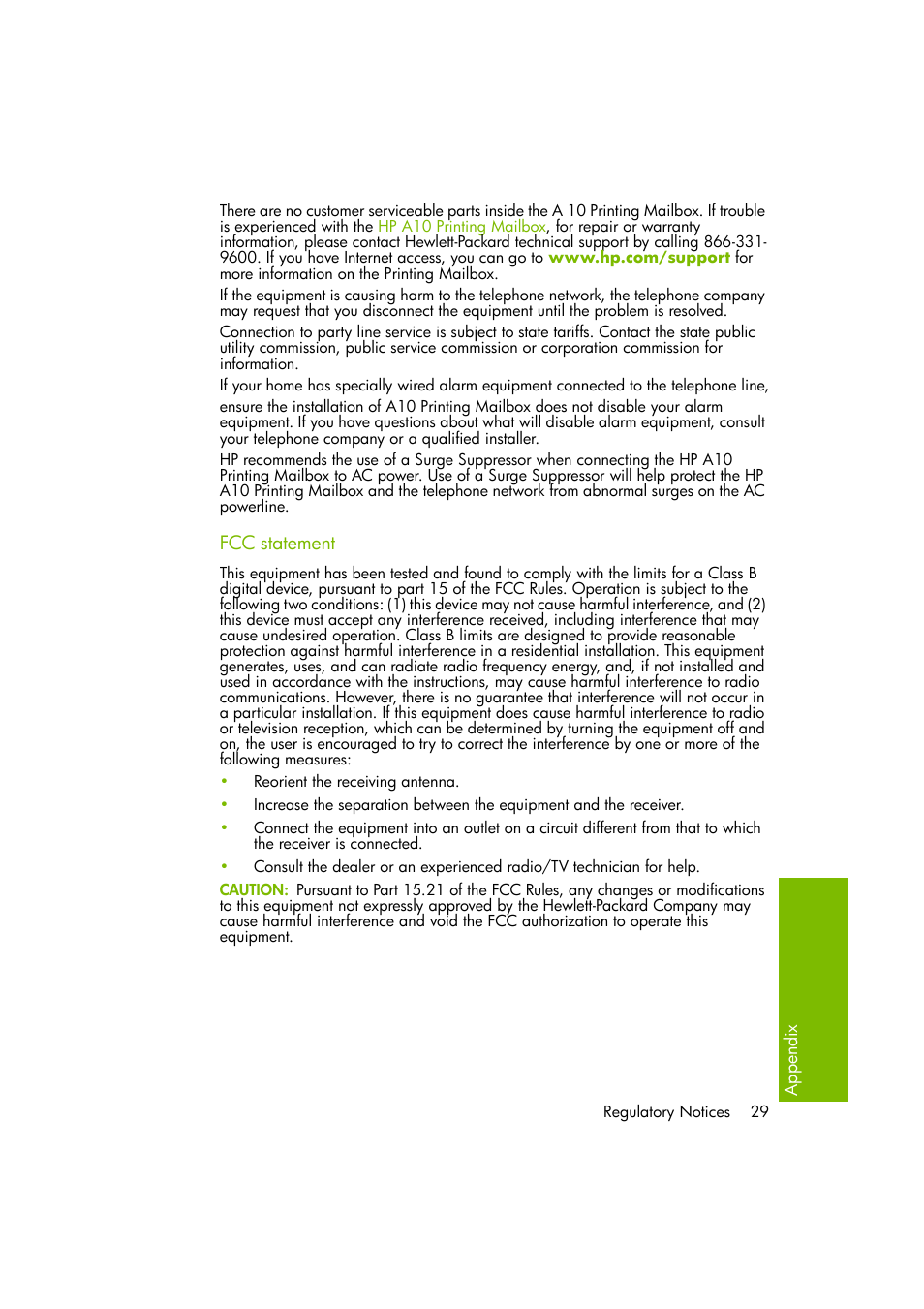 Fcc statement | HP A10 Printing Mailbox User Manual | Page 29 / 30