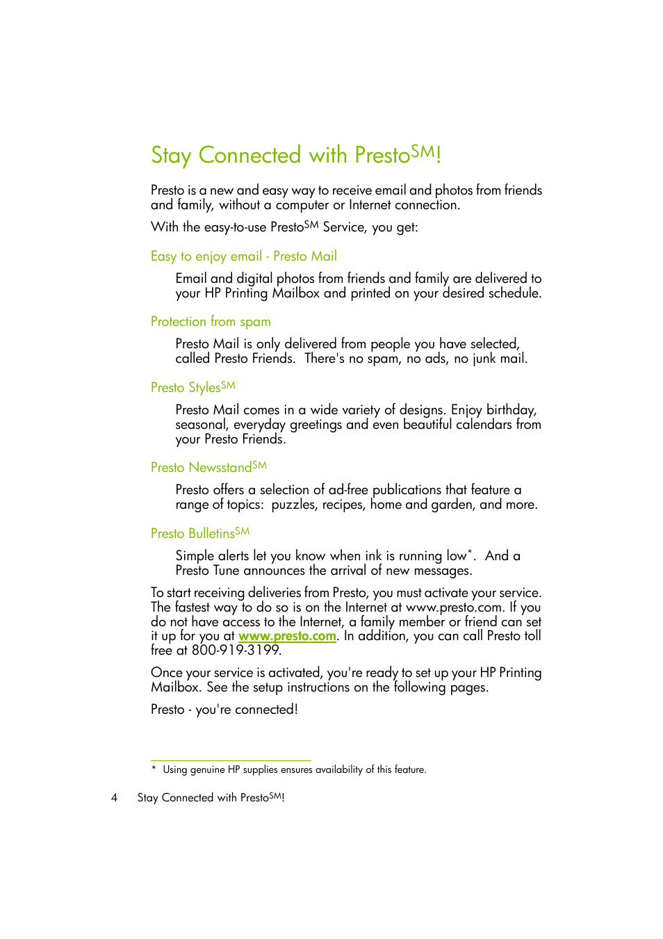 Stay connected with prestosm, Stay connected with presto | HP A10 Printing Mailbox User Manual | Page 4 / 30