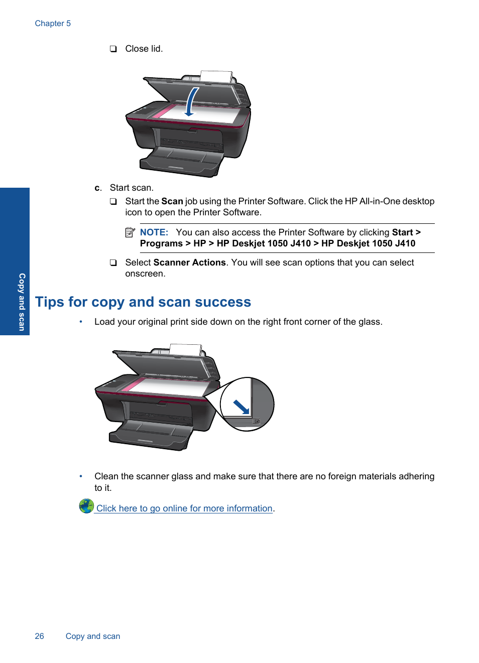 Tips for copy and scan success | HP Deskjet 1056 All-in-One Printer - J410a User Manual | Page 28 / 54