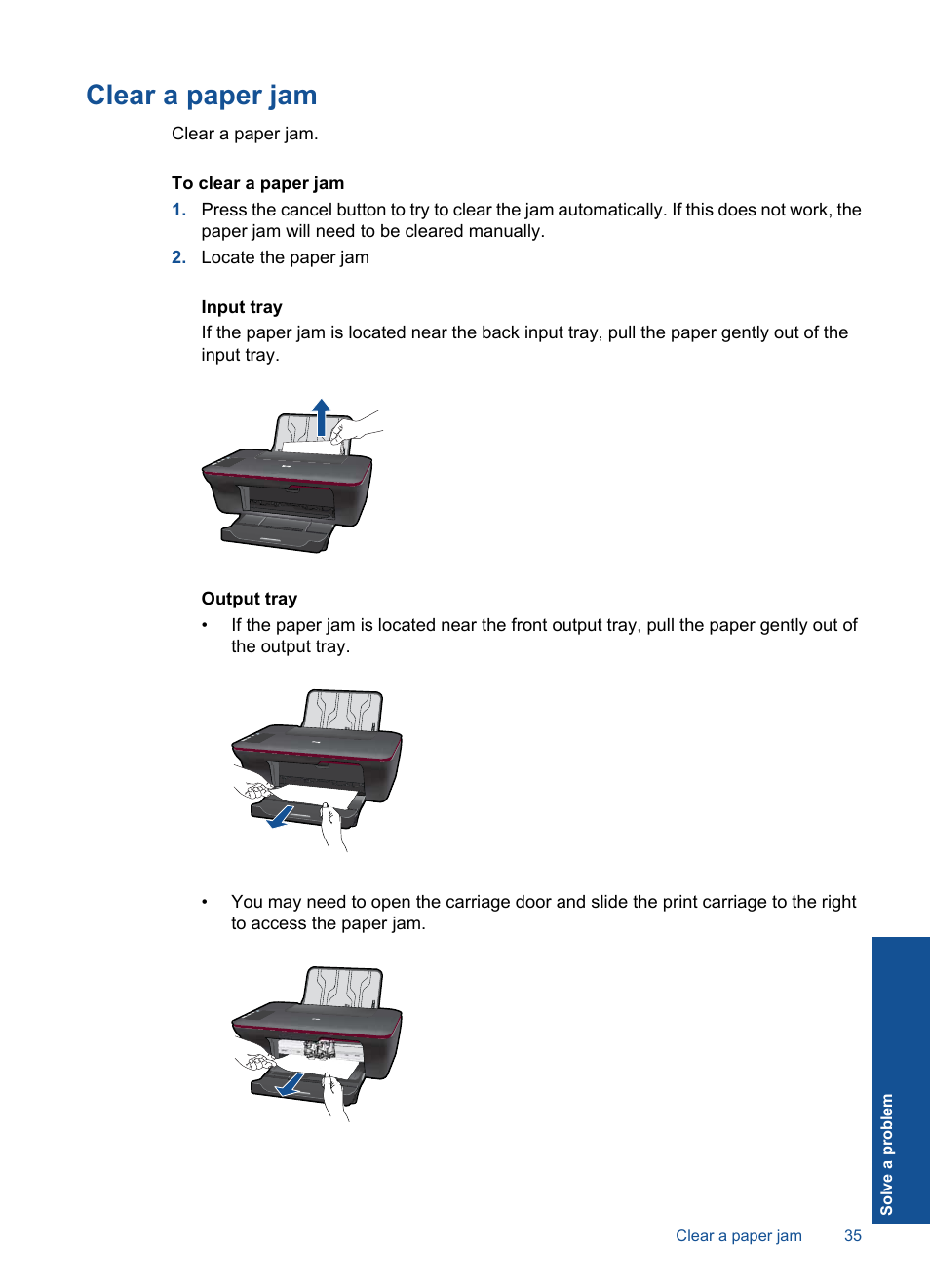 Clear a paper jam | HP Deskjet 1056 All-in-One Printer - J410a User Manual | Page 37 / 54