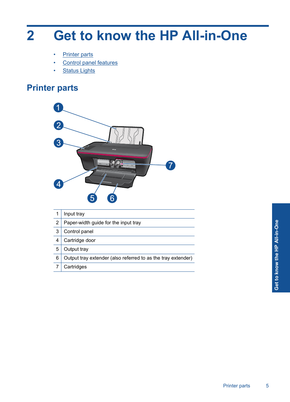 Get to know the hp all-in-one, Printer parts, 2 get to know the hp all-in-one | 2get to know the hp all-in-one | HP Deskjet 1056 All-in-One Printer - J410a User Manual | Page 7 / 54