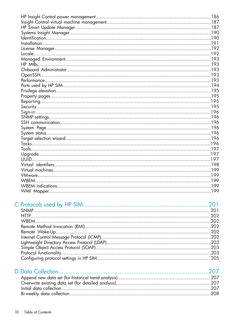 C protocols used by hp sim, D data collection | HP Systems Insight Manager User Manual | Page 10 / 253