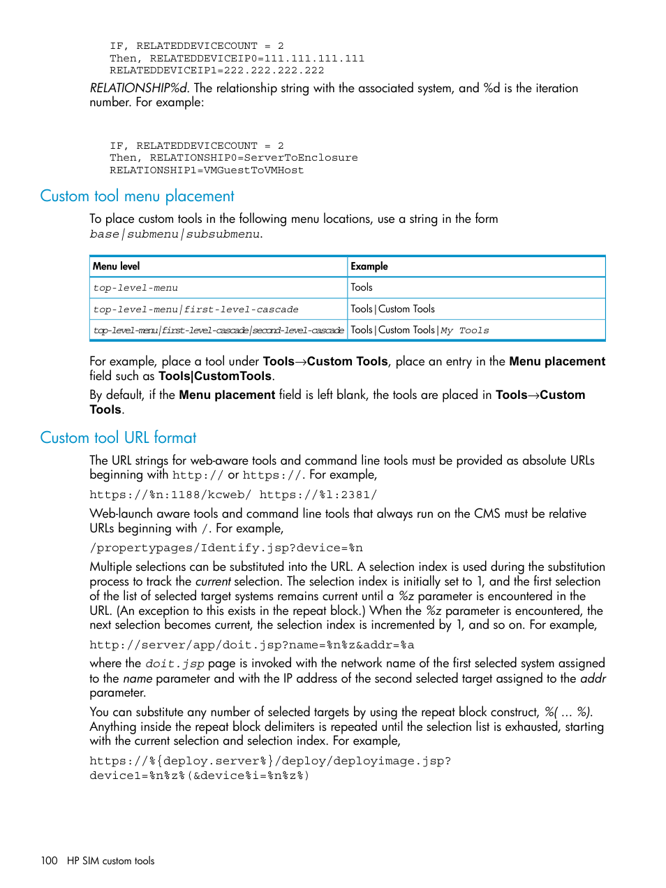 Custom tool menu placement, Custom tool url format, Custom tool menu placement custom tool url format | HP Systems Insight Manager User Manual | Page 100 / 253