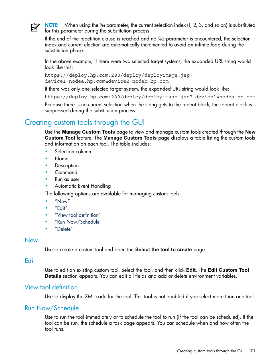 Creating custom tools through the gui, Edit, View tool definition | Run now/schedule, New edit view tool definition run now/schedule | HP Systems Insight Manager User Manual | Page 101 / 253