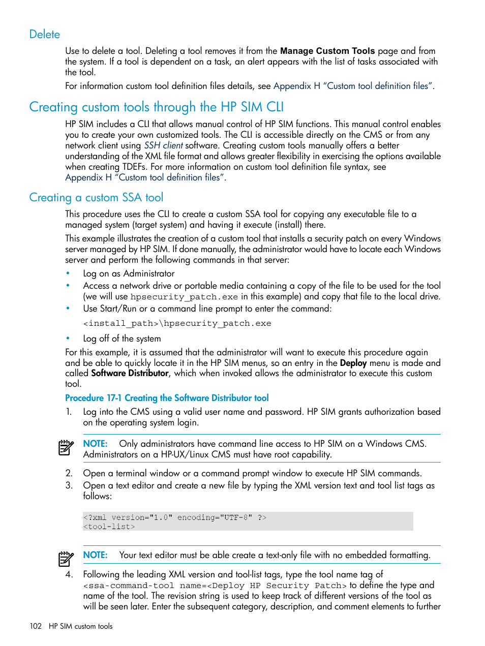 Delete, Creating custom tools through the hp sim cli, Creating a custom ssa tool | HP Systems Insight Manager User Manual | Page 102 / 253