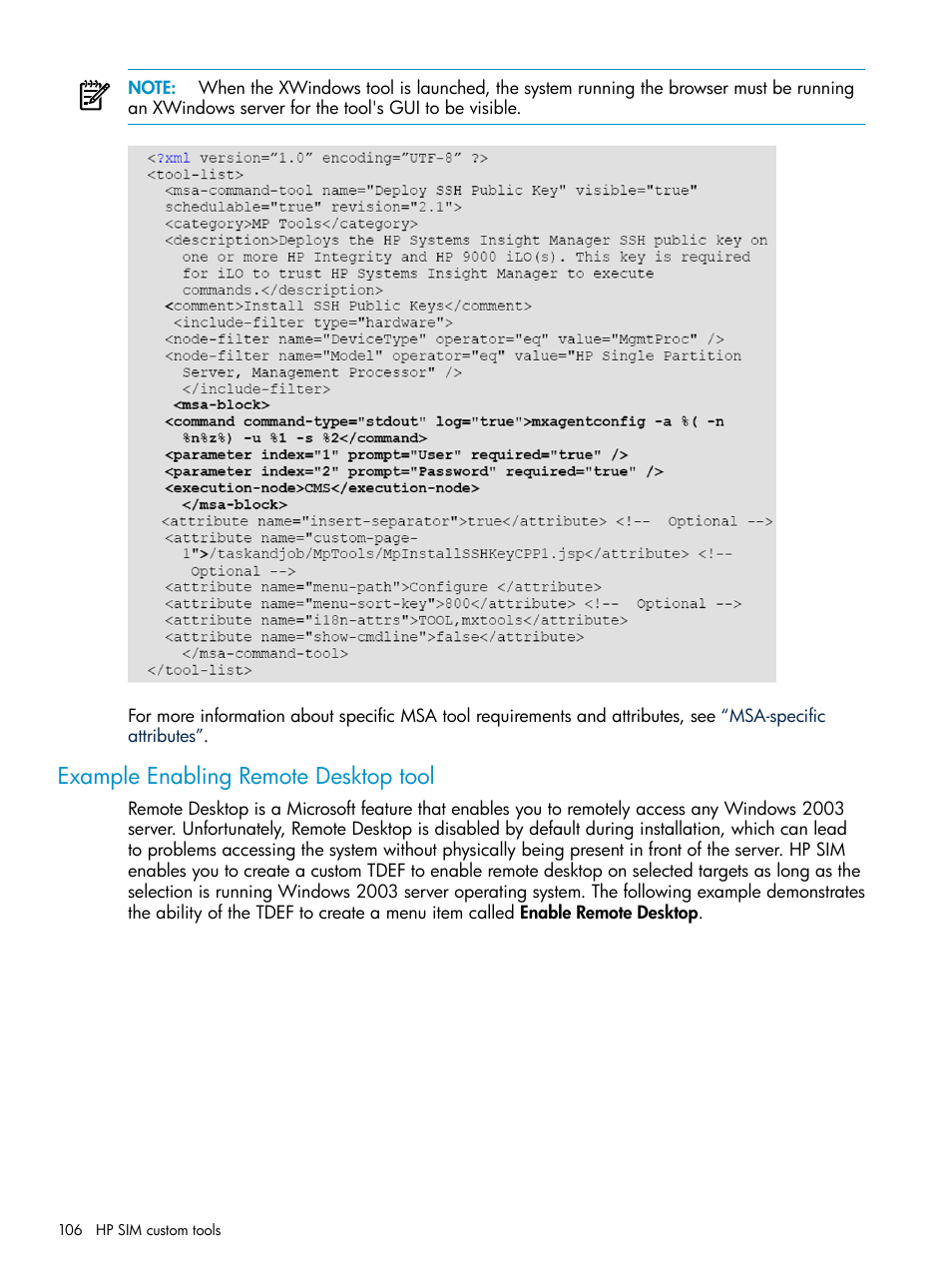 Example enabling remote desktop tool | HP Systems Insight Manager User Manual | Page 106 / 253