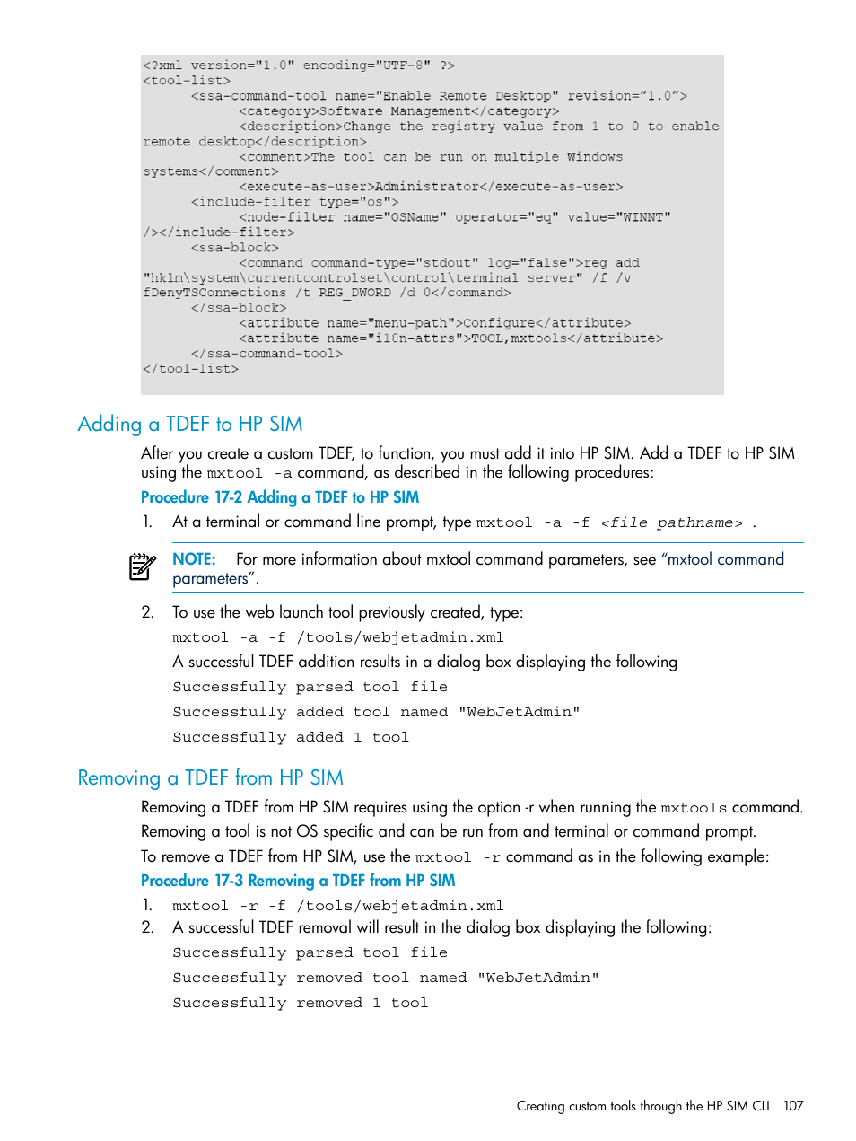 Adding a tdef to hp sim, Removing a tdef from hp sim, Adding a | Tdef to hp sim | HP Systems Insight Manager User Manual | Page 107 / 253