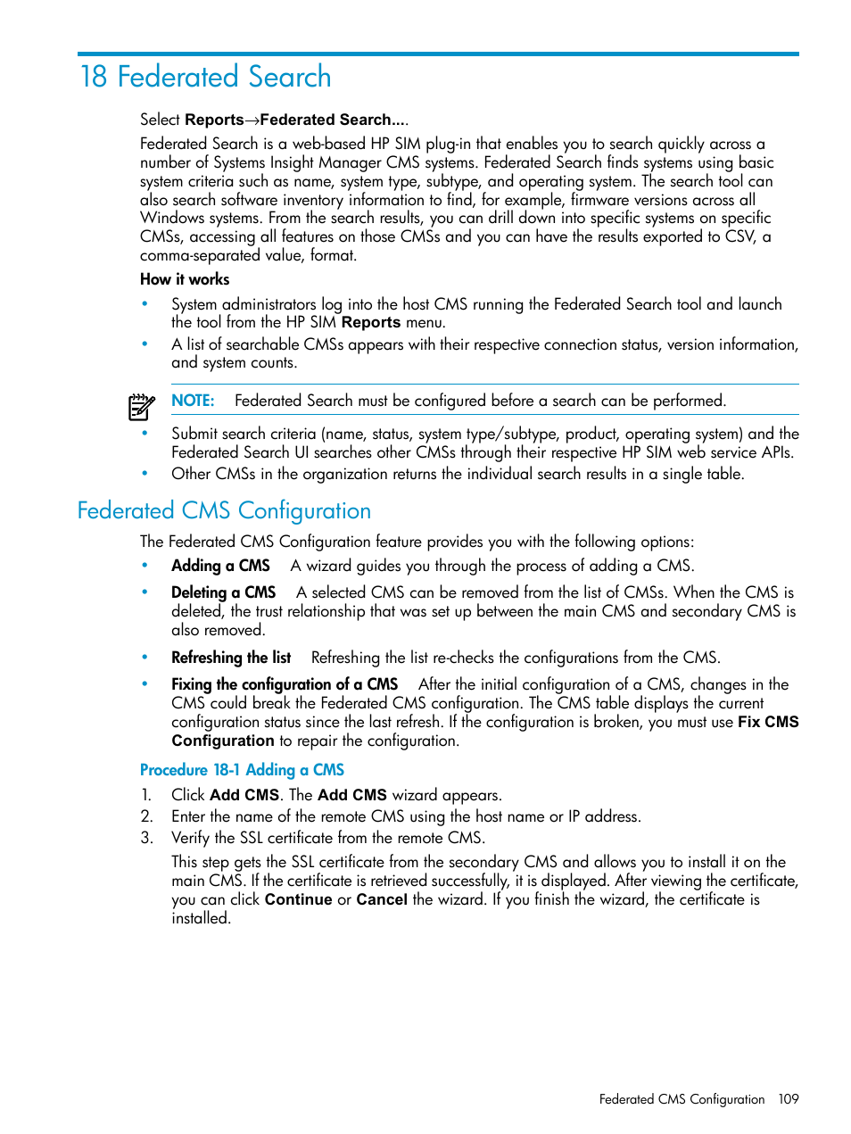 18 federated search, Federated cms configuration | HP Systems Insight Manager User Manual | Page 109 / 253