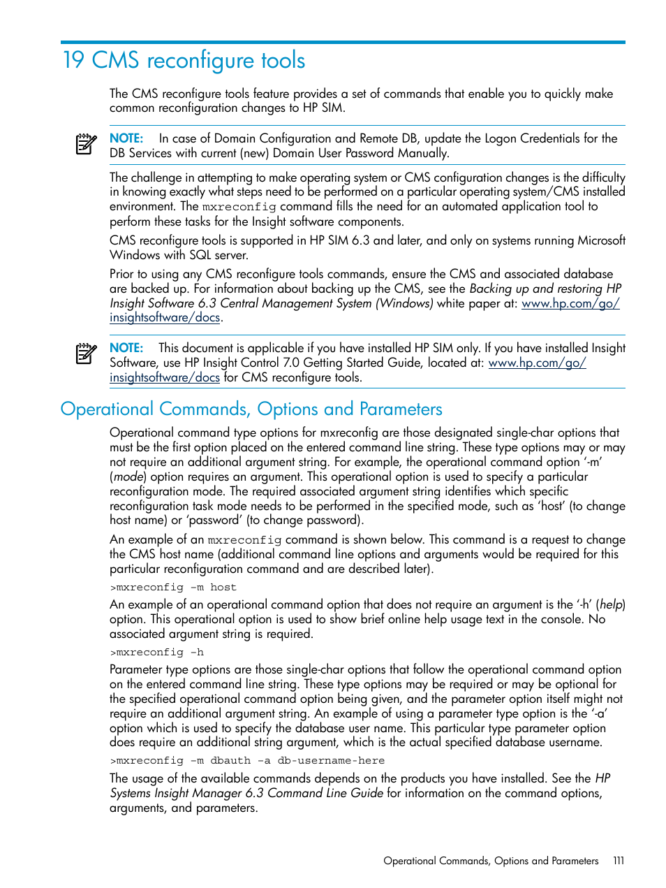 19 cms reconfigure tools, Operational commands, options and parameters | HP Systems Insight Manager User Manual | Page 111 / 253