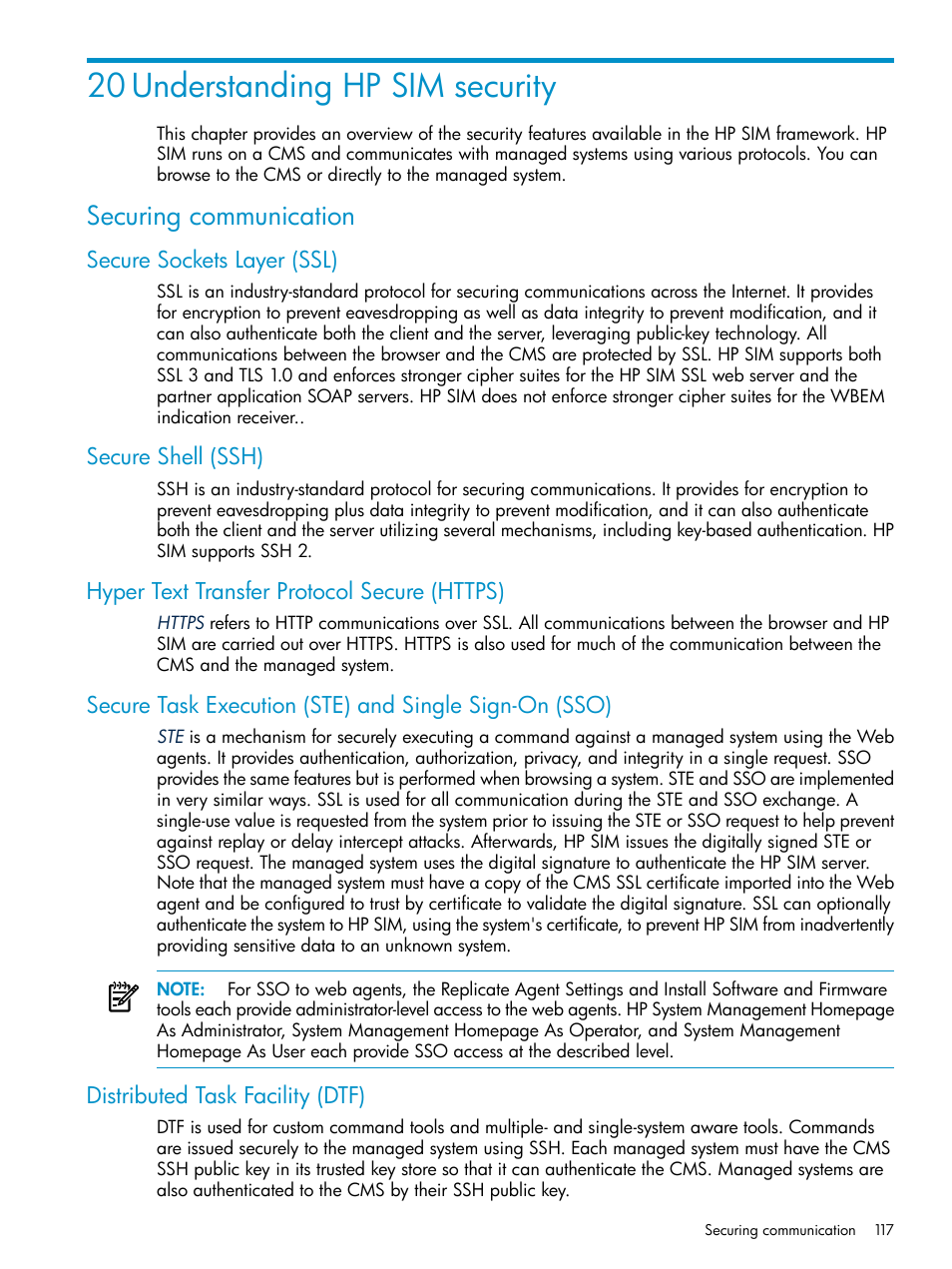 20 understanding hp sim security, Securing communication, Secure sockets layer (ssl) | Secure shell (ssh), Hyper text transfer protocol secure (https), Distributed task facility (dtf), Secure sockets layer (ssl) secure shell (ssh) | HP Systems Insight Manager User Manual | Page 117 / 253