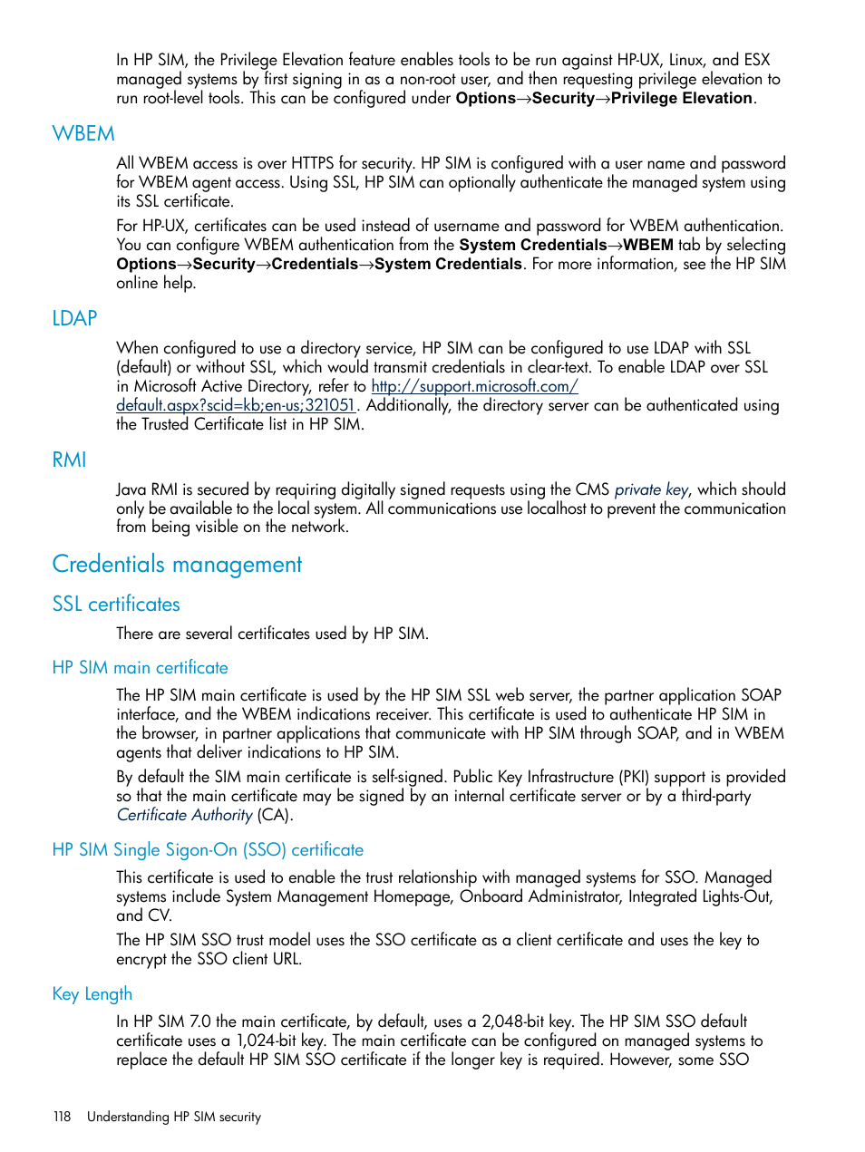 Wbem, Ldap, Credentials management | Ssl certificates, Hp sim main certificate, Hp sim single sigon-on (sso) certificate, Key length, Wbem ldap rmi | HP Systems Insight Manager User Manual | Page 118 / 253