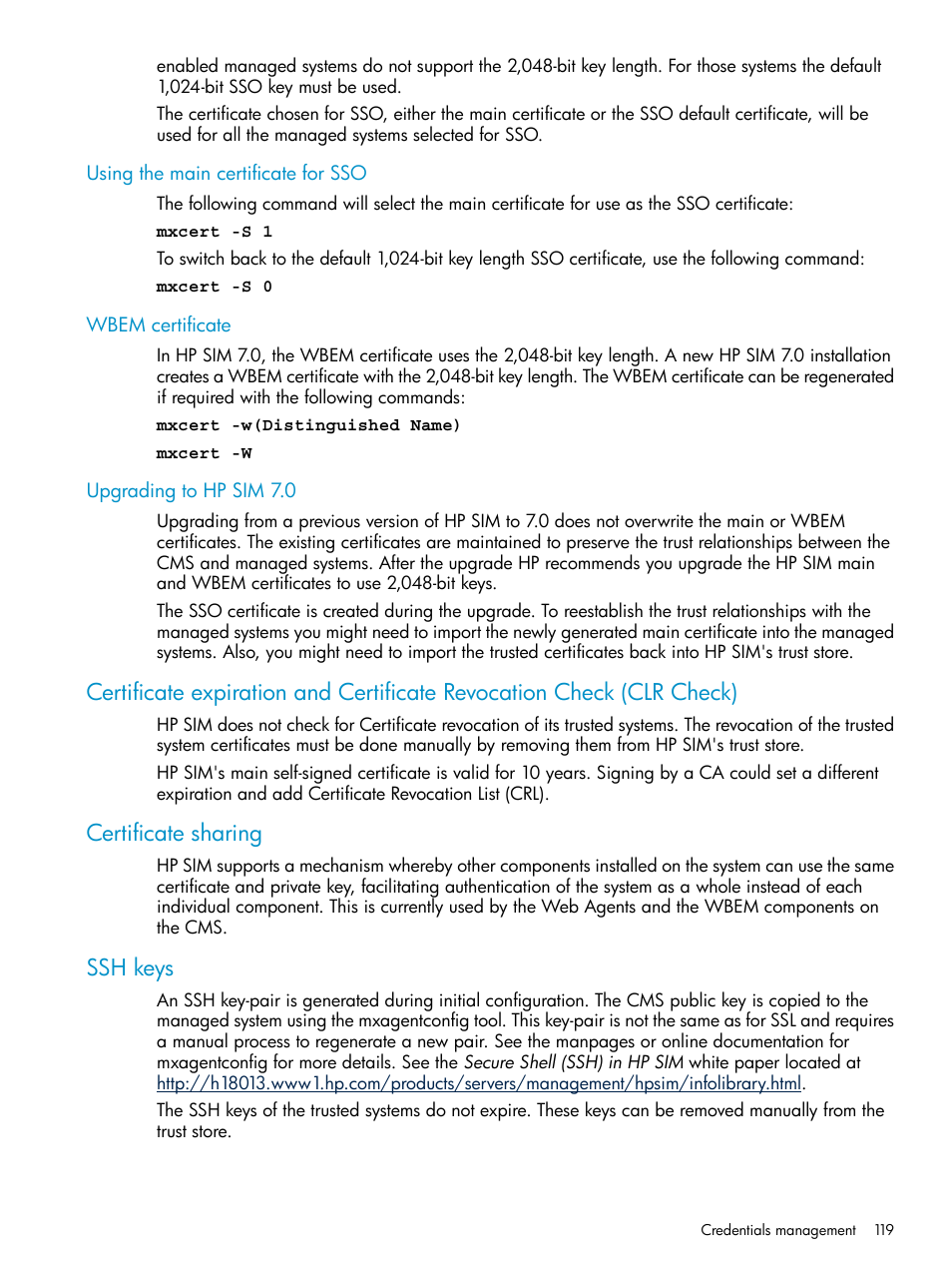 Using the main certificate for sso, Wbem certificate, Upgrading to hp sim 7.0 | Certificate sharing, Ssh keys | HP Systems Insight Manager User Manual | Page 119 / 253